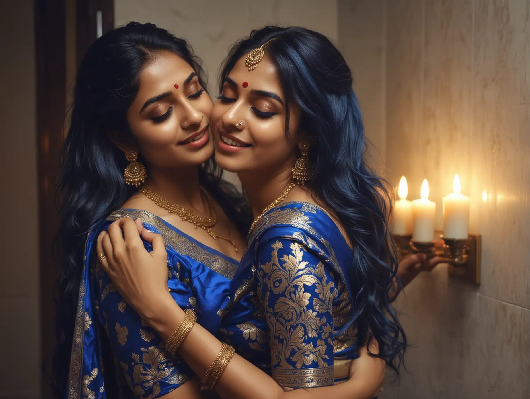 Two beautiful Indian girl in blue banarasi saree,best makeup, (open hairs, cuddling with each other body,pushing each other against the walls in washroom),candle light, portrait picture in 4k resolution , high contrast, ultra realistic