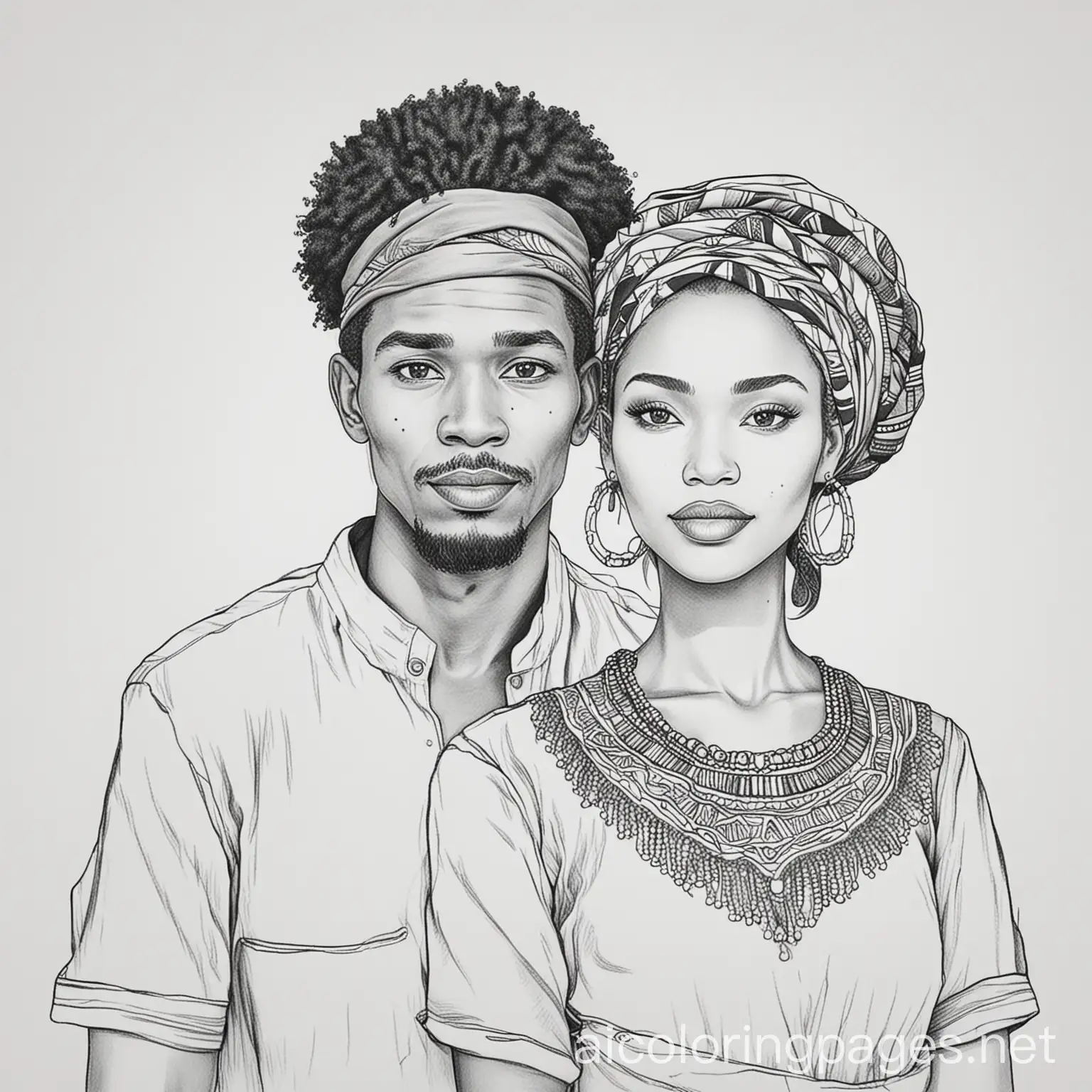 Coloring-Page-Man-and-Woman-in-Botswana-Africa-Black-and-White-Line-Art