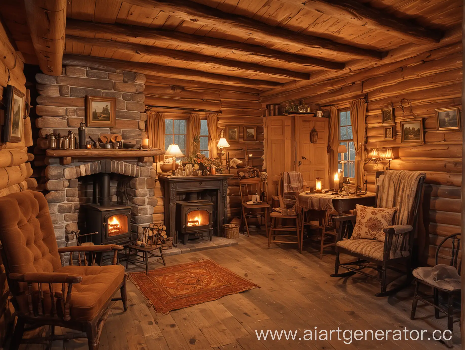 19th-Century-Log-Cabin-Interior-with-Amber-Glow-and-Crackling-Stove-Fire