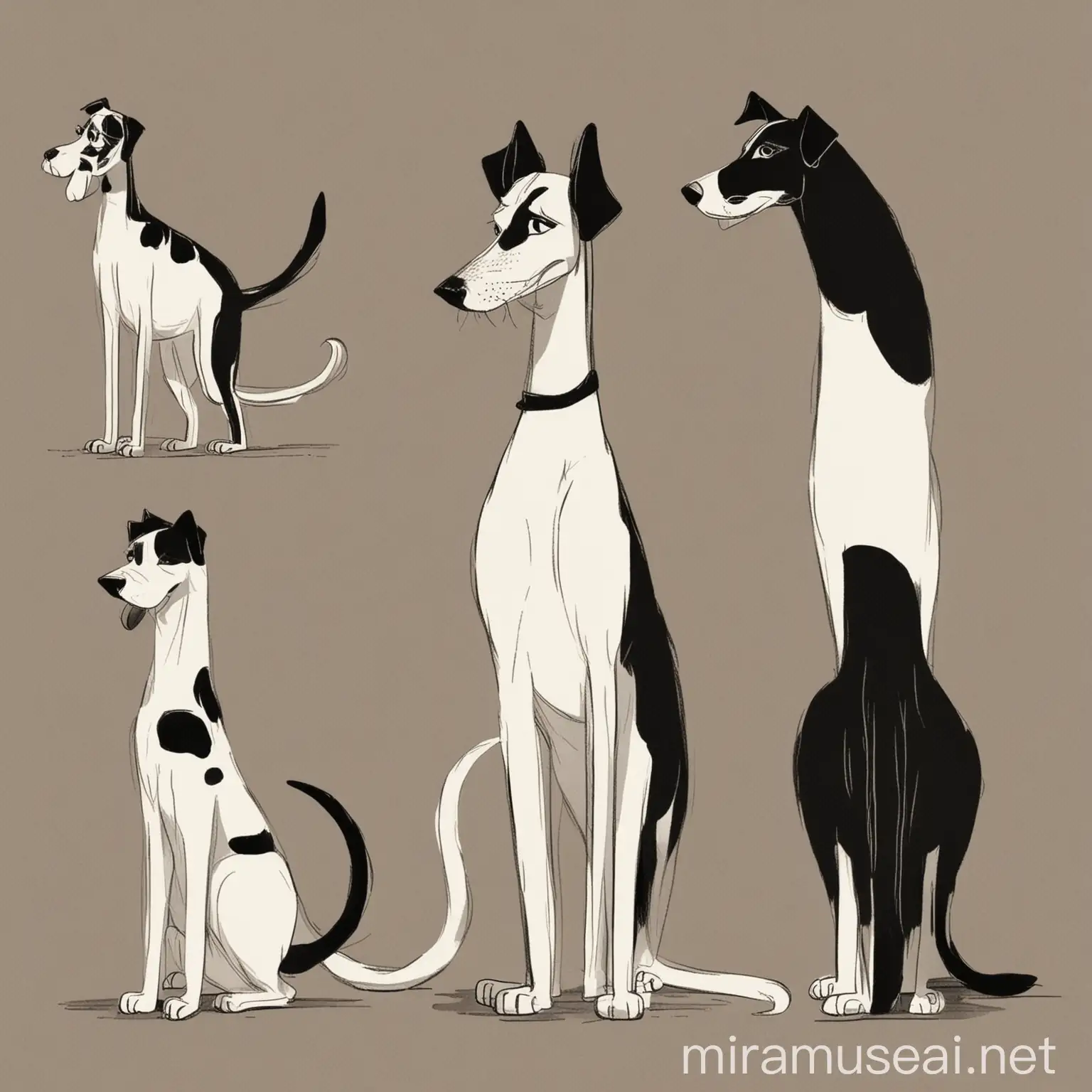 Design a black and white illustration, very simple, of a dog with a long neck, in different cute poses, Use a Mid-Century Modern style use the same style in this image with the cats as a reference to make multiple poses of dogs