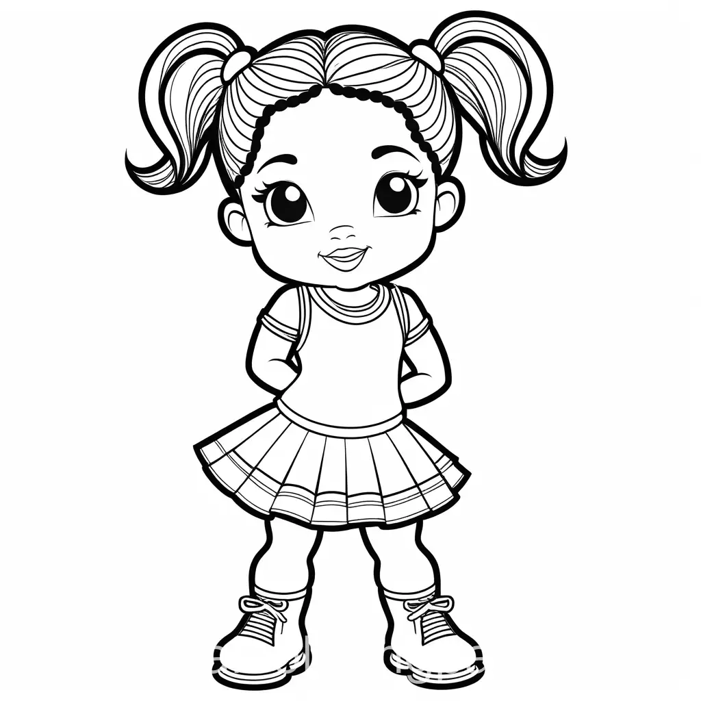 2 black and white lineart African American toddler girl with braided ponytail in a cheerleader uniform, white background, full body, picture, coloring book, coloring page, black and white, line art, white background, simplicity, ample white space. The background of the coloring page is plain white to make it easy for young children to color within the lines. The outlines of all the subjects are easy to distinguish, making it simple for kids to color without too much difficulty