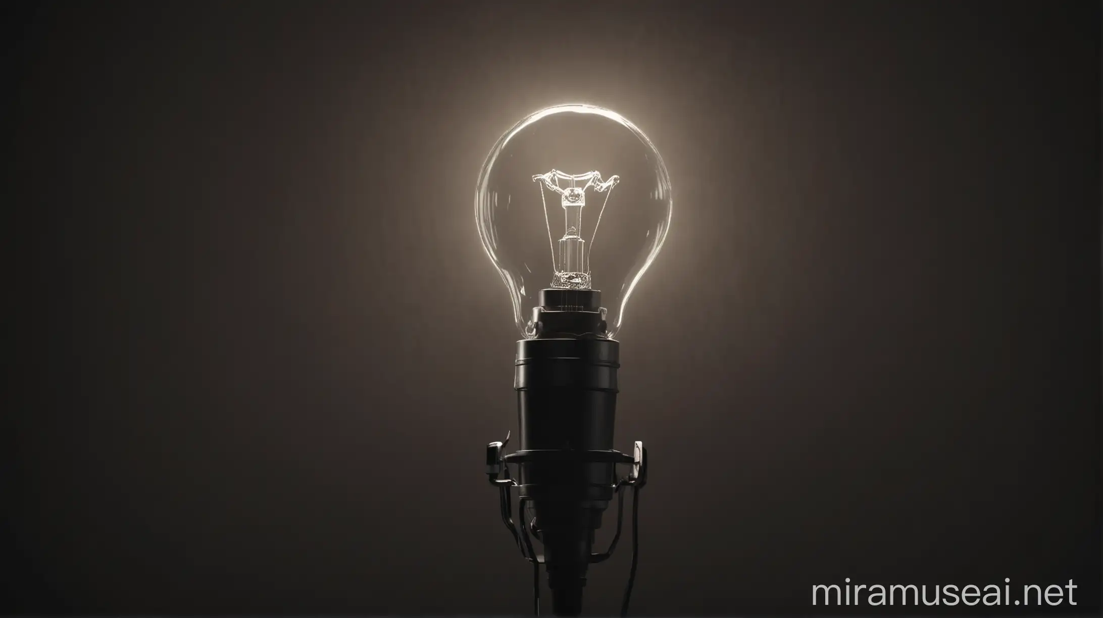 sound light, light bulb, sound, music, track, songs, audio visualization, gloomy style, the light bulb is on and the microphone is centered behind the light bulb, the background color is black