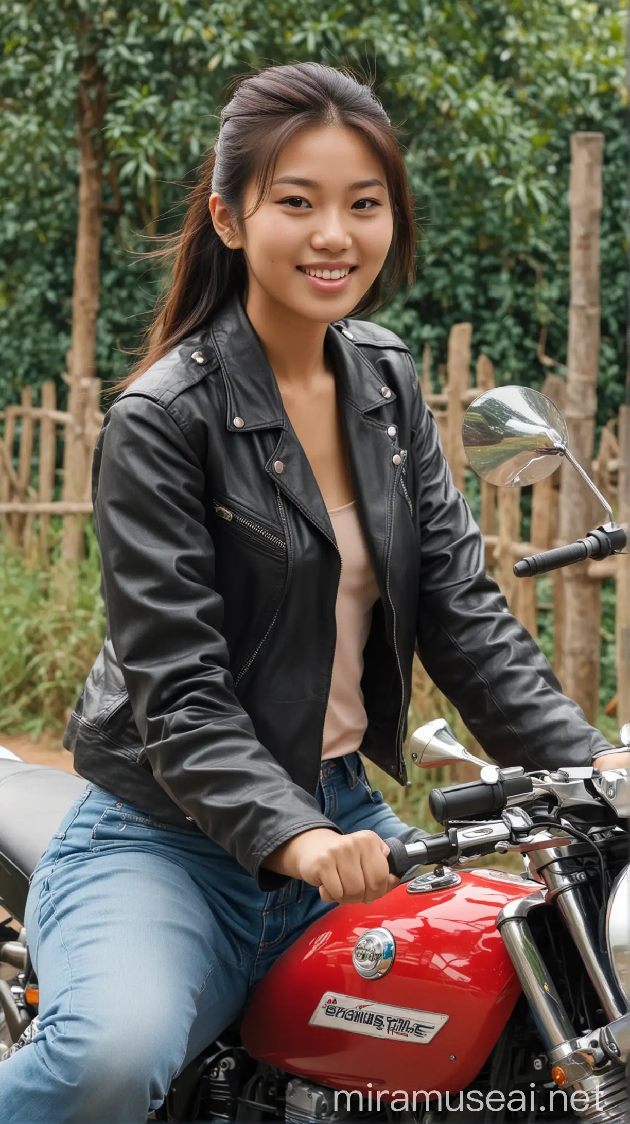 Asian Girl Sitting on Motorbike in Urban Setting