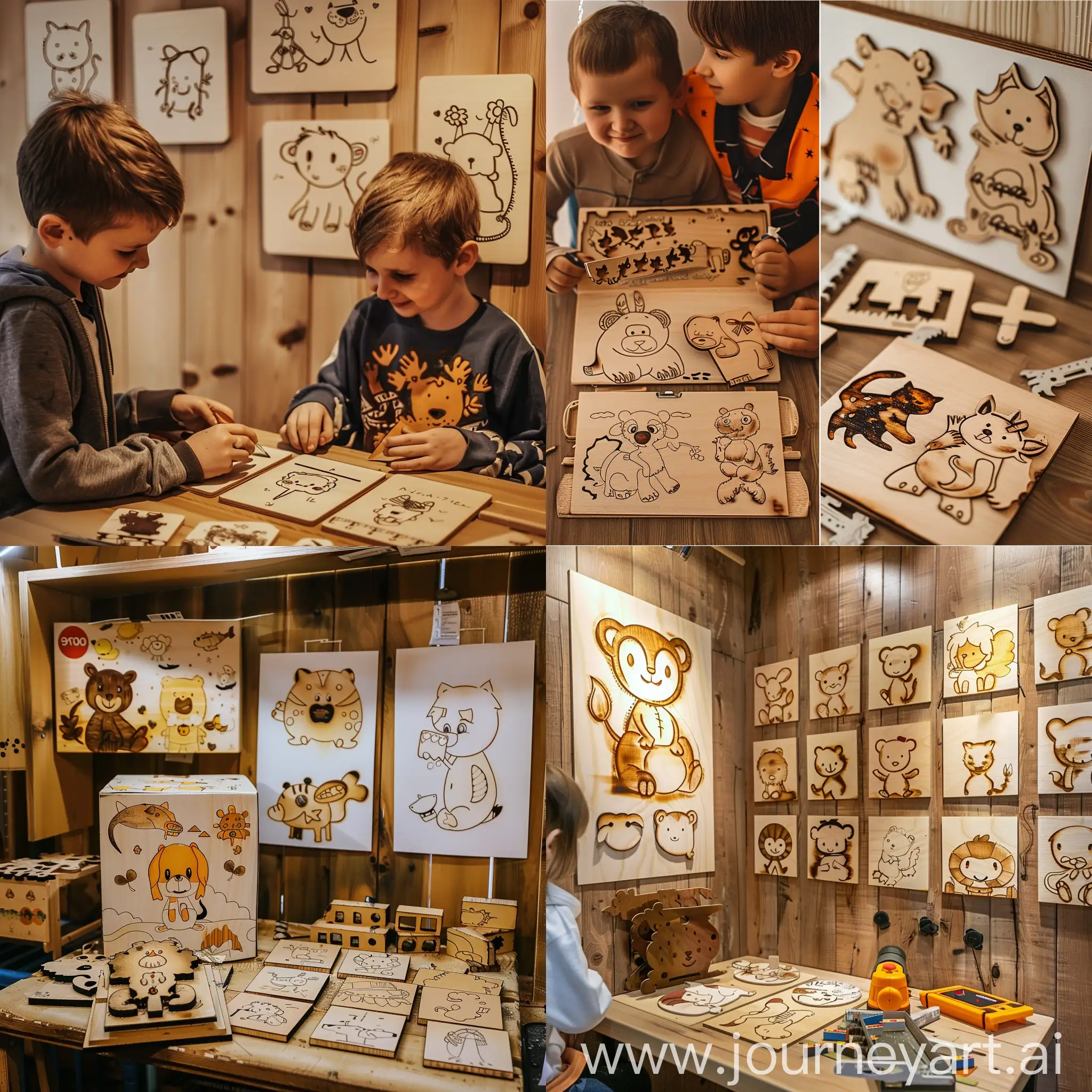 In the children's room children with the help of their parents burn cute animals on 3 mm thick A4 plywood. Next to it is an opened package of 9 pieces of A4 3 mm boards. Also on the table is a jigsaw for wood cutting. Cozy creative atmosphere, evening, on the walls - ready-made burnt images on plywood with children's motifs and children's drawings cut with a jigsaw.