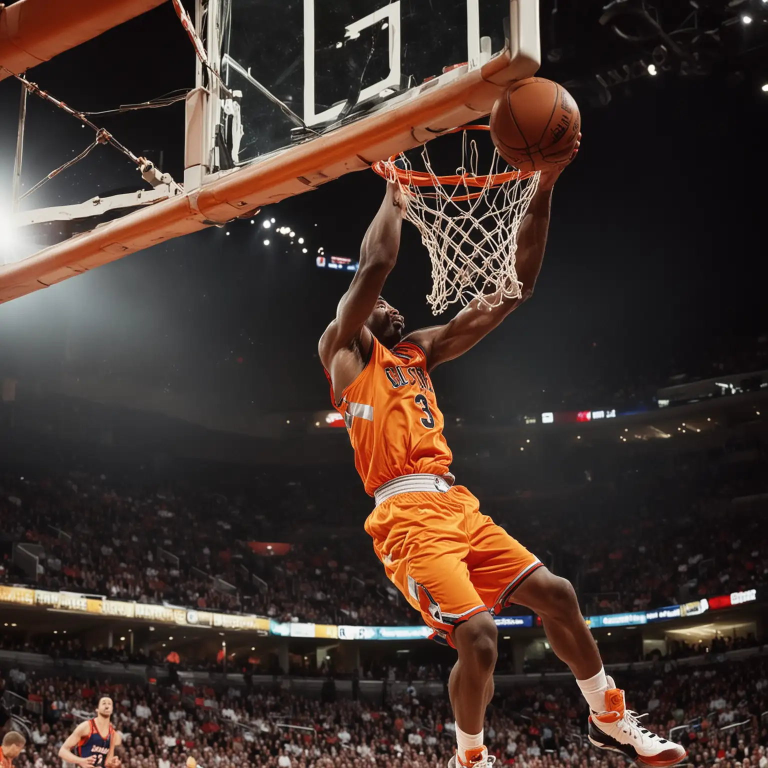NBA Basketball Player Slam Dunk in Orange Jersey