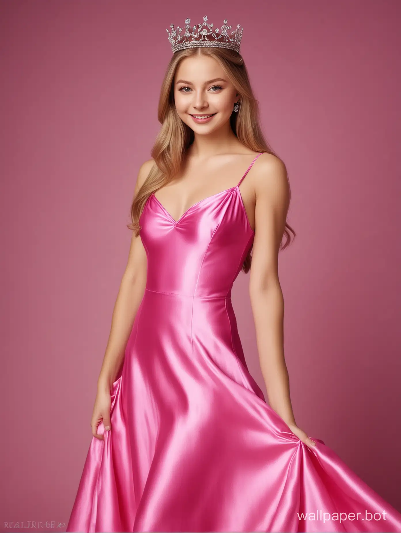 Glamourous Portrait Of Sweet, Young, Sunny Queen Yulia Lipnitskaya With Long Straight Silky Hair Smiling in Luxurious Pink fuchsia Slip Liquid Silk Dress with  crown on the head