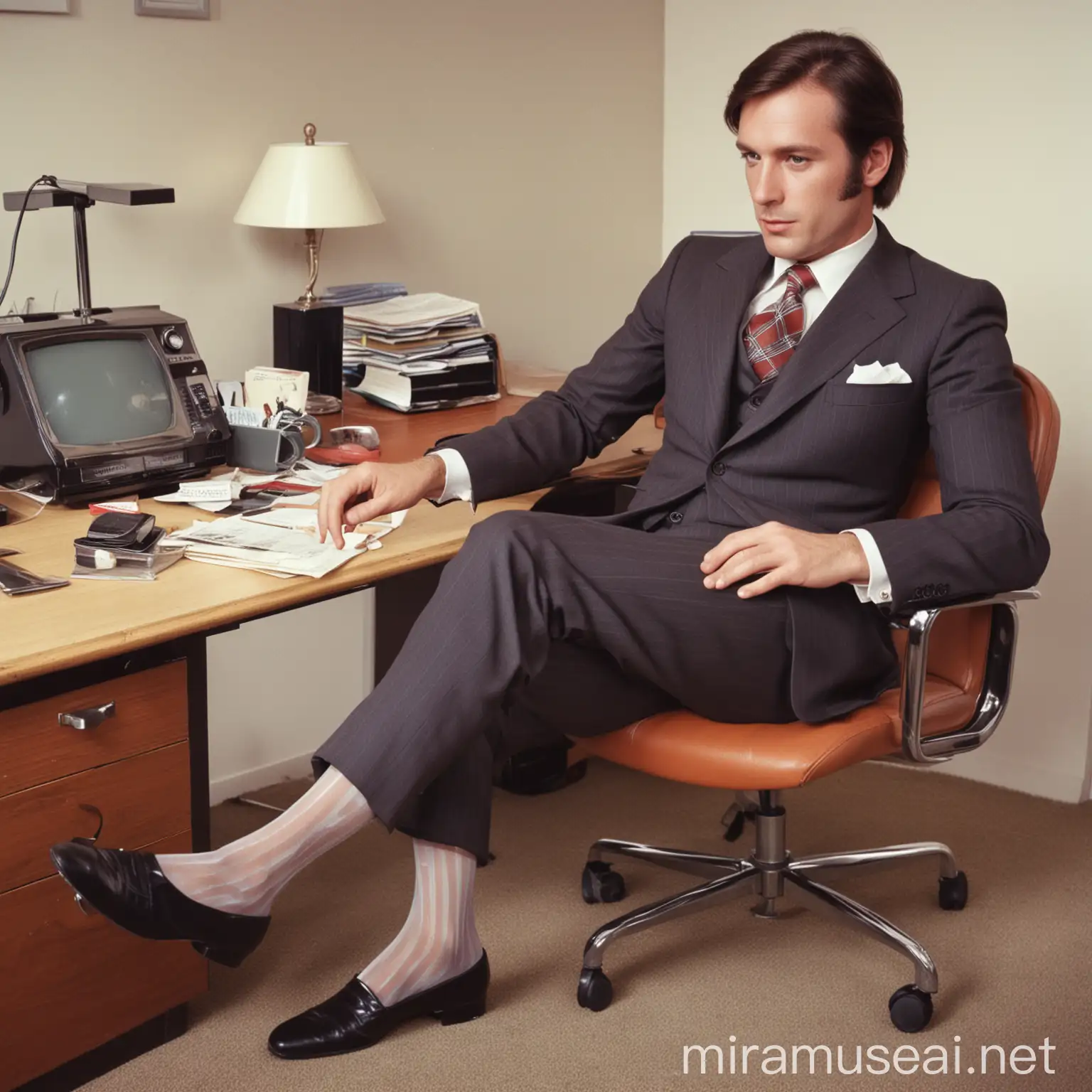 1972, man in three piece suit, sat at office desk, admiring his feet wearing sheer socks
