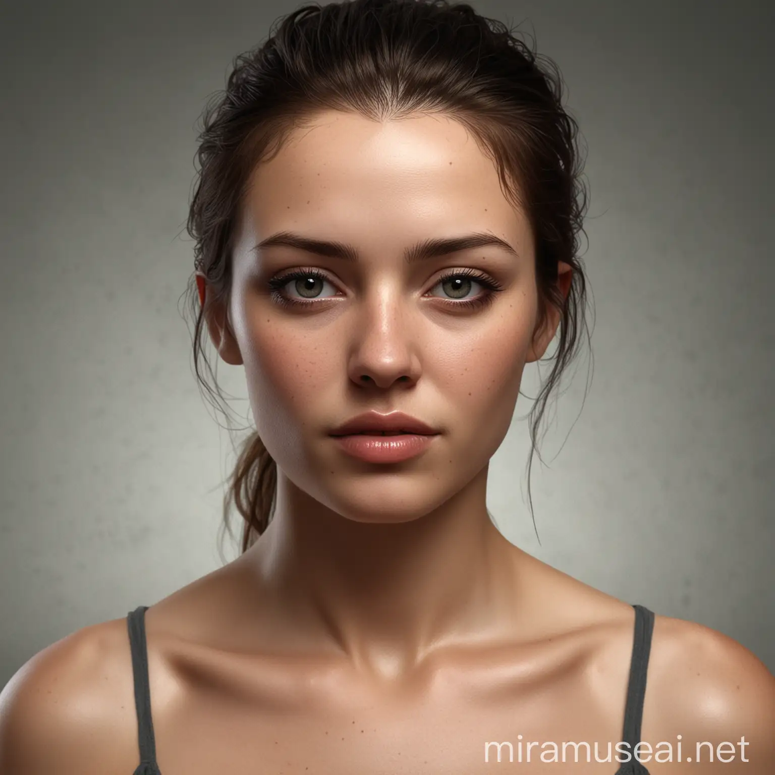 Realistic Portrait of a Woman with Expressive Eyes and Flowing Hair