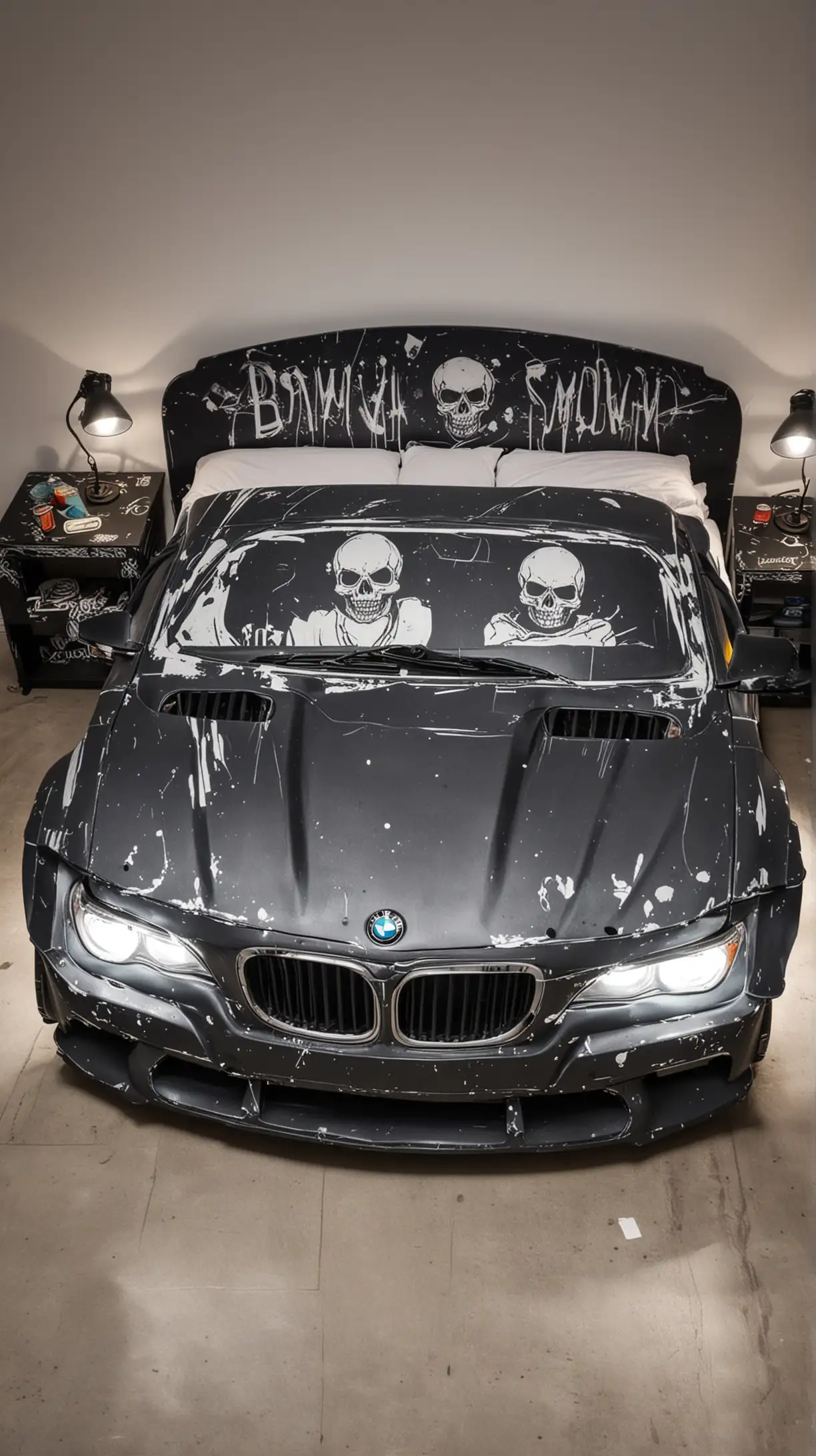 BMW CarShaped Double Bed with Skull Graffiti and Illuminated Headlights