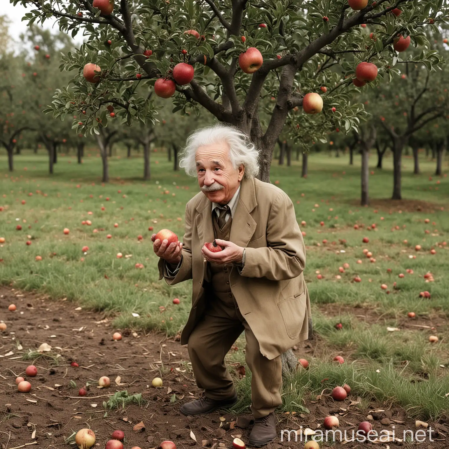 Einstein Contemplating Gravity Apple Falling from Tree