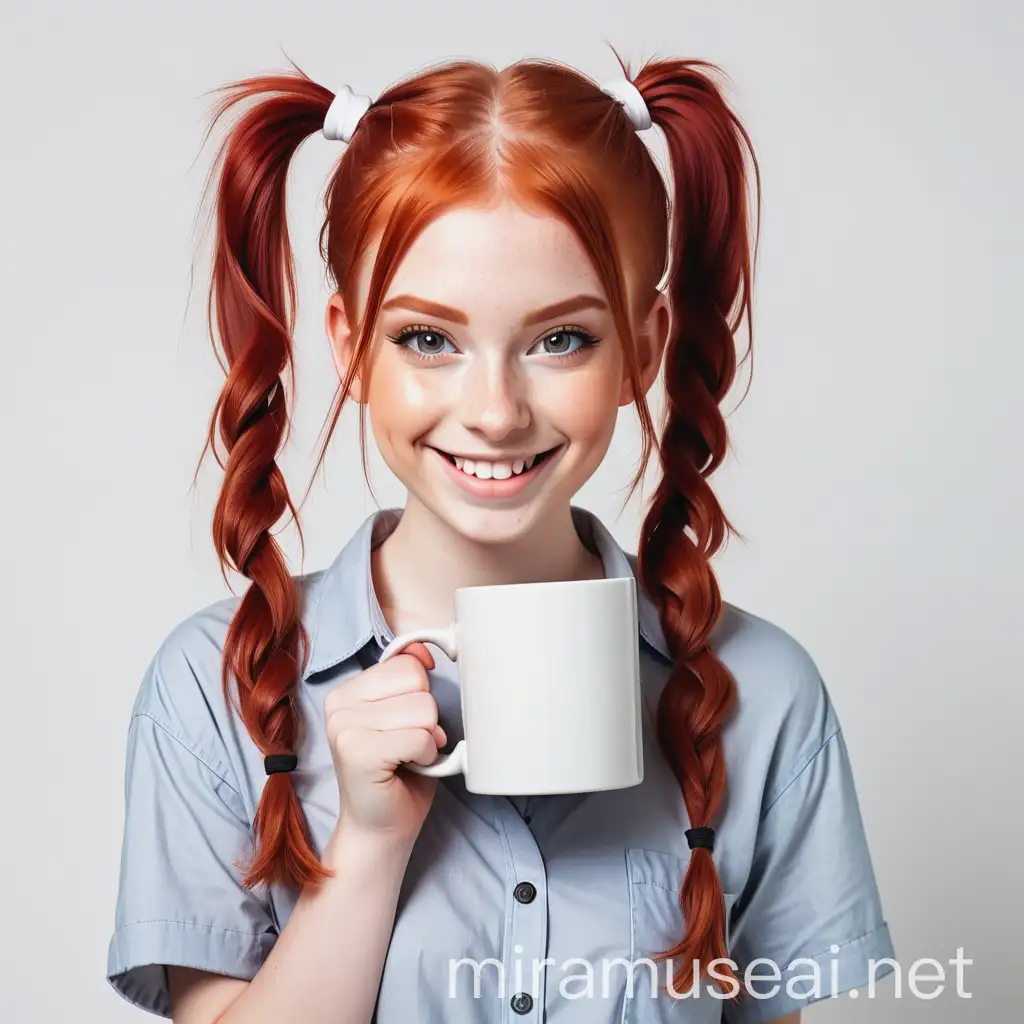 beautiful red-haired student in a shirt with light makeup with pigtails smiling with a square white mug on a white background