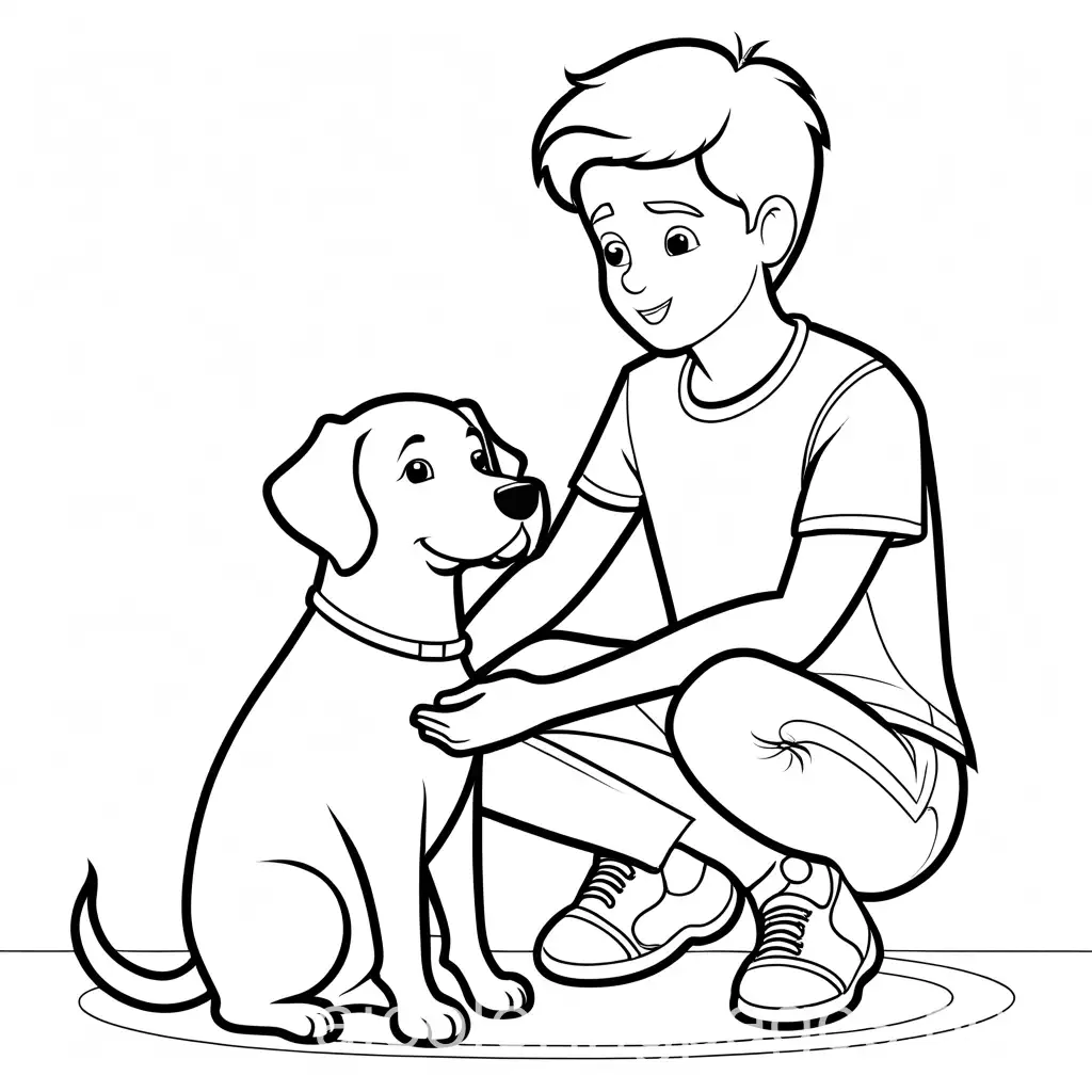 boy being calmed by his pet: coloring pages, Coloring Page, black and white, line art, white background, Simplicity, Ample White Space. The background of the coloring page is plain white to make it easy for young children to color within the lines. The outlines of all the subjects are easy to distinguish, making it simple for kids to color without too much difficulty