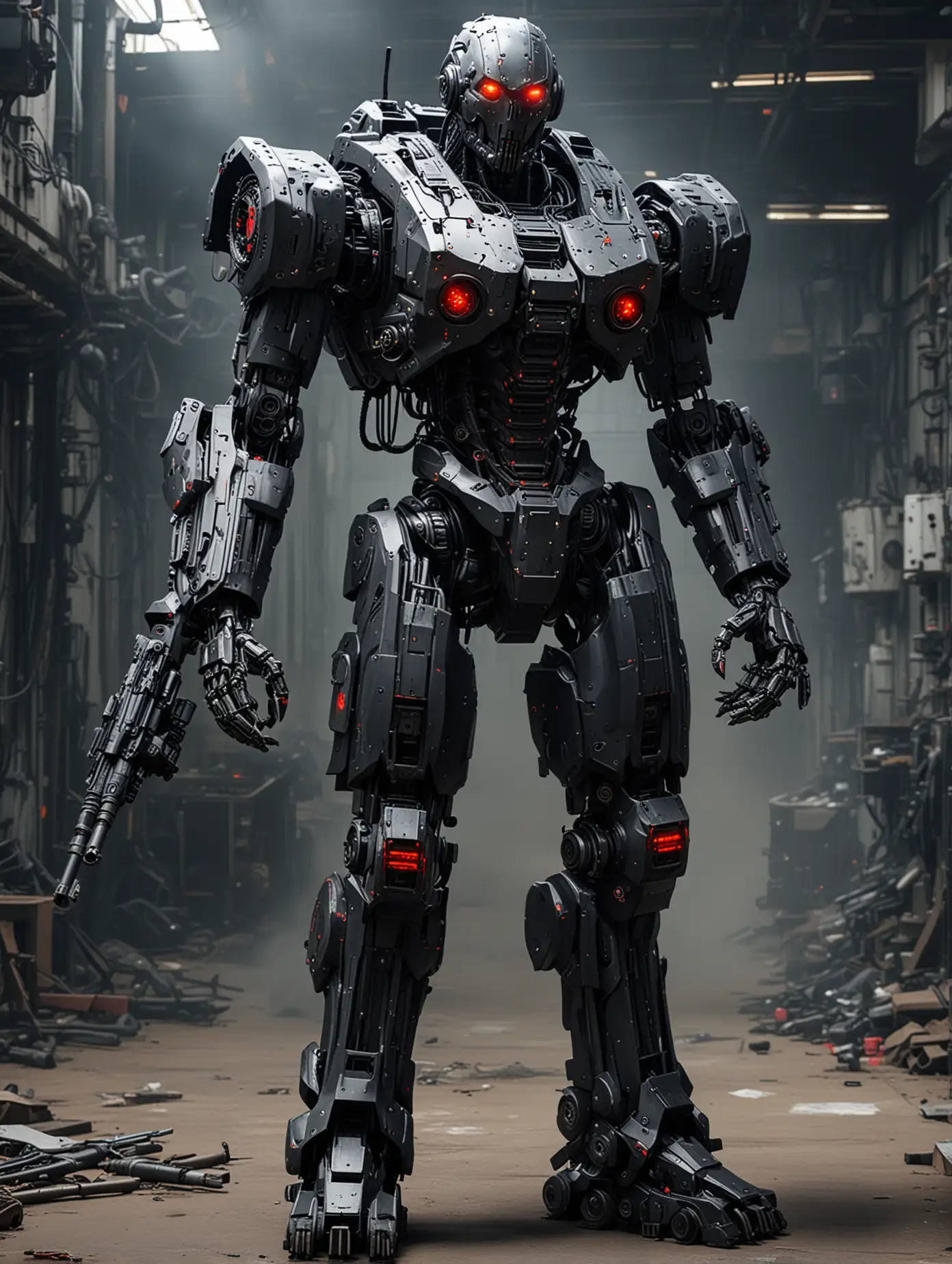 An image of a 9'7 feet tall black tactical robot, heavily armed and armoured, with machine guns and rockets, humanoid, white fleshy head, scary, red eyes, very bulky inside a factory, a detailed cyberpunk like style