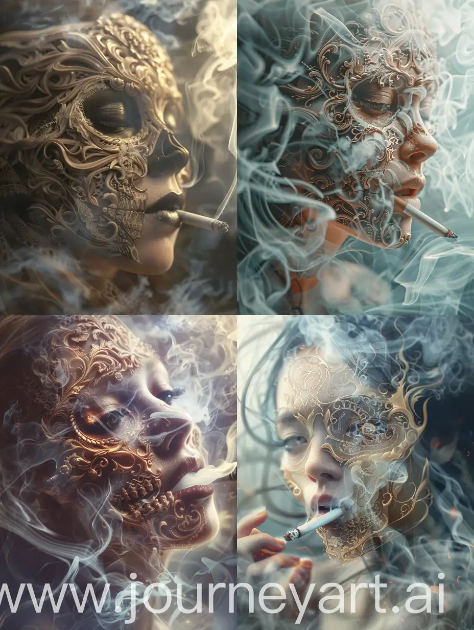 A beautiful woman with an intricately carved skull face, smoking and surrounded by swirling smoke, in the style of detailed character illustrations and photorealistic portraits, ethereal fantasy landscapes, closeup intensity, mysterious backdrops, intricate facial features and lace details. 