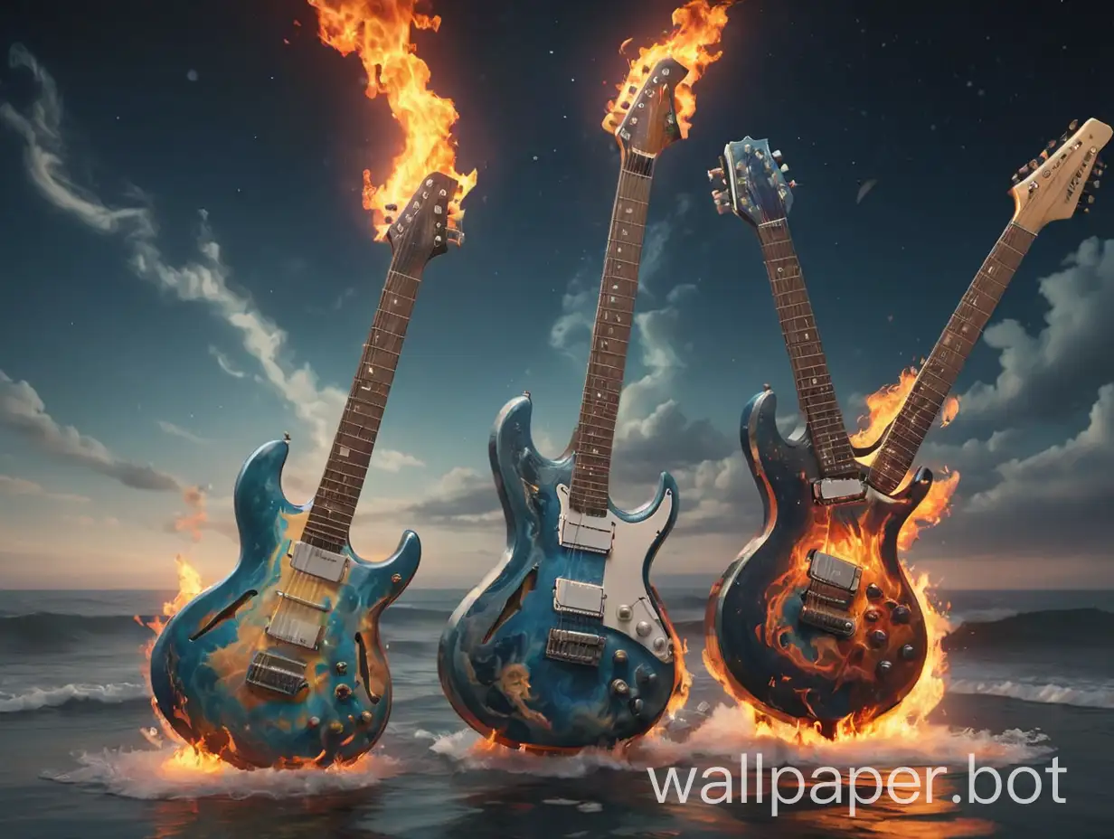 two electric guitars with fire and ocean and outer space
