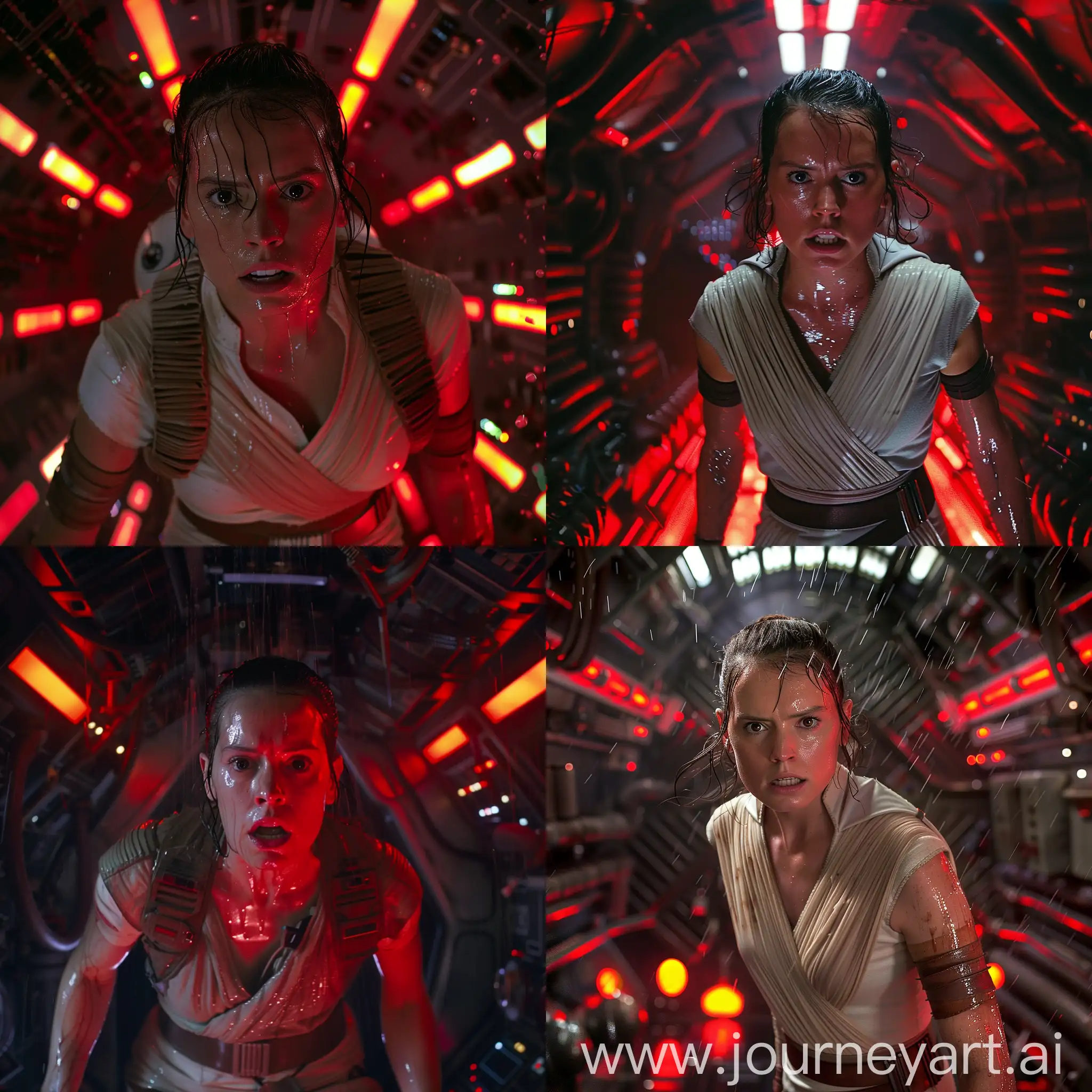 Rey Skywalker Cinematic scenes from the New Alien Film, Rey Skywalker as the main character of the film, wearing the astronaut uniform from the film Alien, in the claustrophobic, dense and dark interior of the Nostromo spaceship with red lights, with Rey Skywalker's, with wet hair and very sweaty