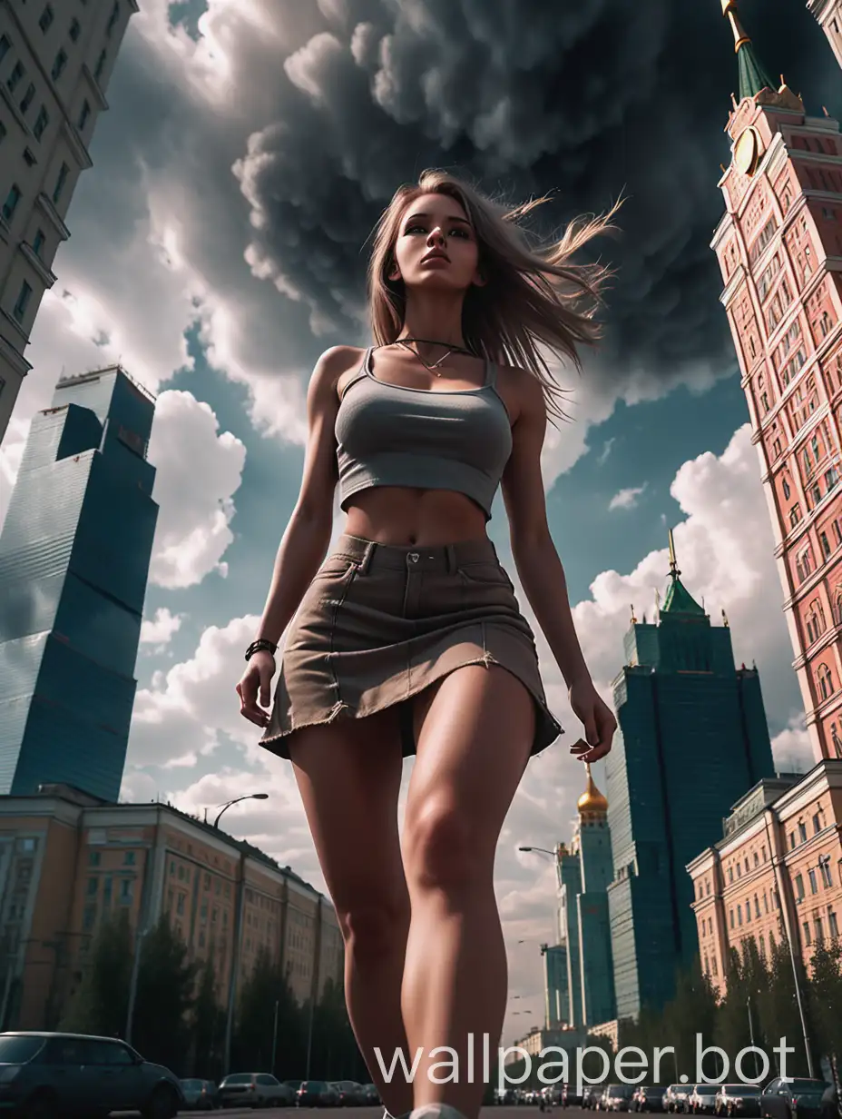 full body view from below. Bottom perspective. A towering girl in a cool and laid-back hippie style is rocking a crop top and a mini skirt. Her toned and athletic build hints at her massive strength. She seems to be casually strolling through the bustling cityscape of Moscow-city, as towering buildings loom overhead. Smoke and clouds roll around her, adding to the sense of epic scale and drama. The lighting is dark, gloomy, and realistic, creating a tense and ominous atmosphere. The perspective is from below, emphasizing the sheer majesty and grace of the Giantess. full-body shot. 