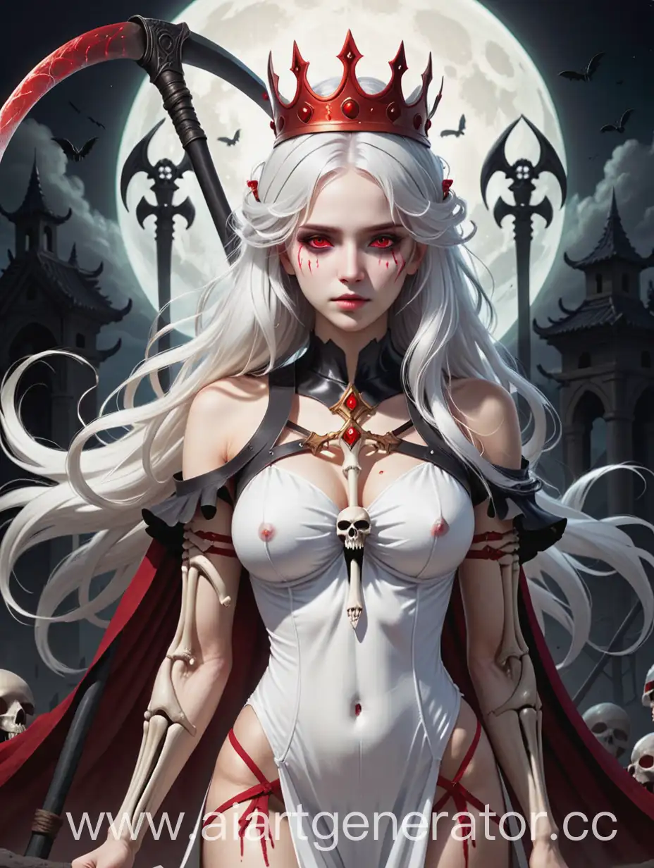 Молодая богиня мертвых, с белыми волосами, красными глзаами, с косой, в короне из костей, в белом костюме
