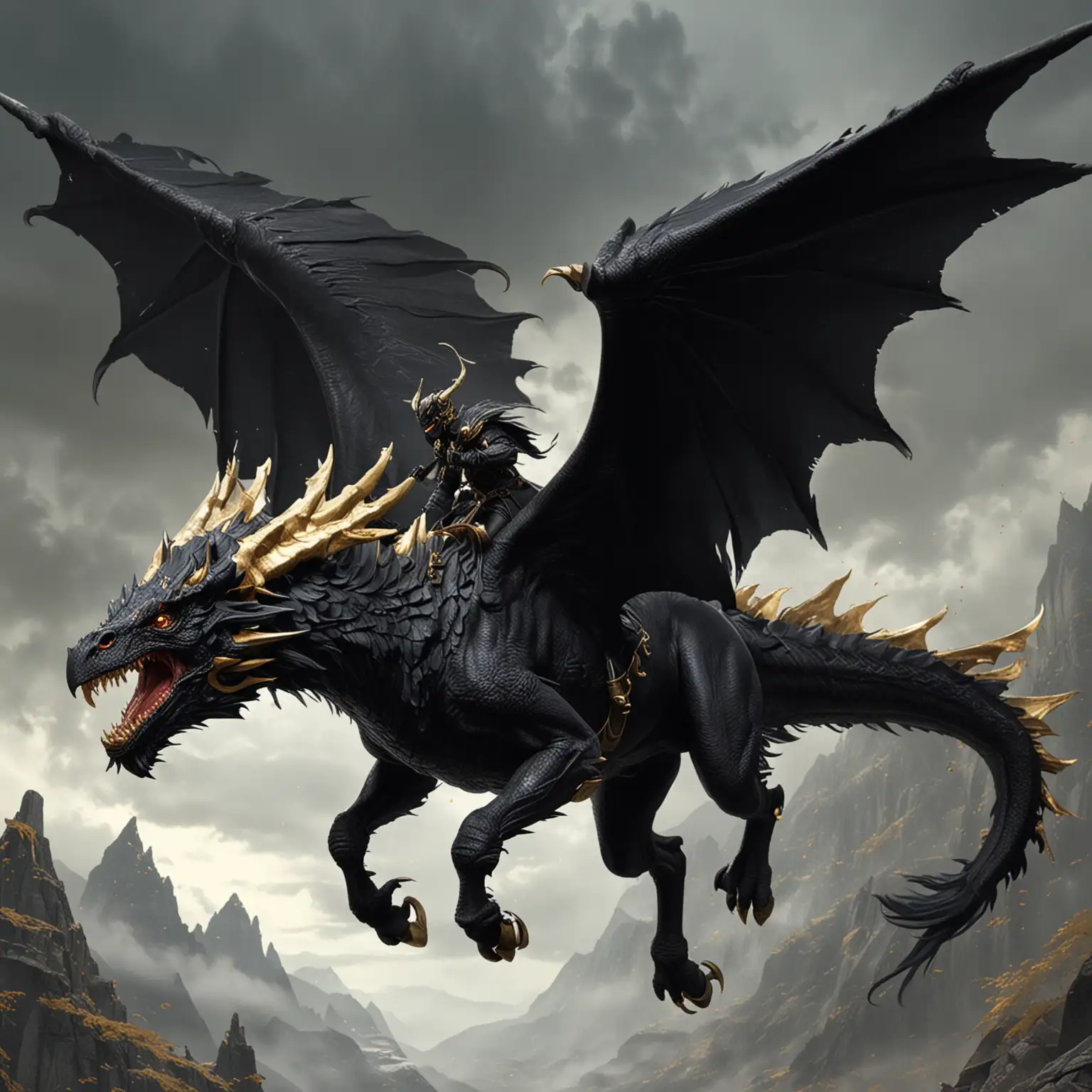 Fantasy black wyvern, gold horns, gold eyes, neck frills, flying, saddle