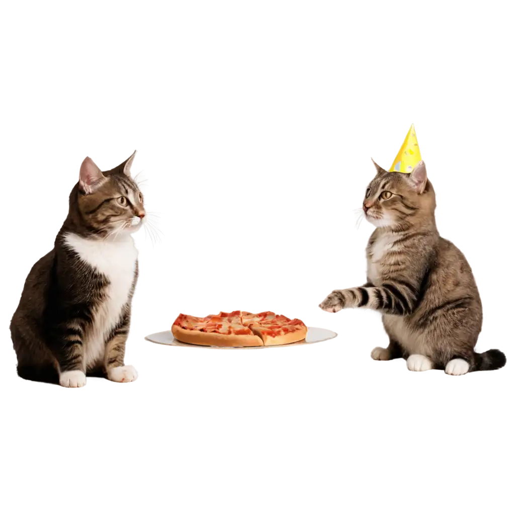 Cats at a party eating pizza