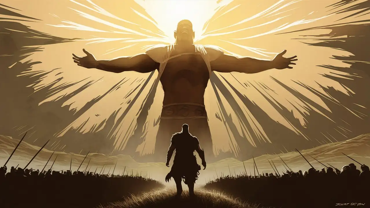 Goliath, bathed in the harsh sunlight, stands at the forefront of the battlefield, his towering figure casting a daunting shadow over the landscape. With arms outstretched and voice booming like thunder, he issues his challenge to the opposing army. The intensity of the moment is palpable as his words echo across the valley, carrying the weight of his ultimatum.