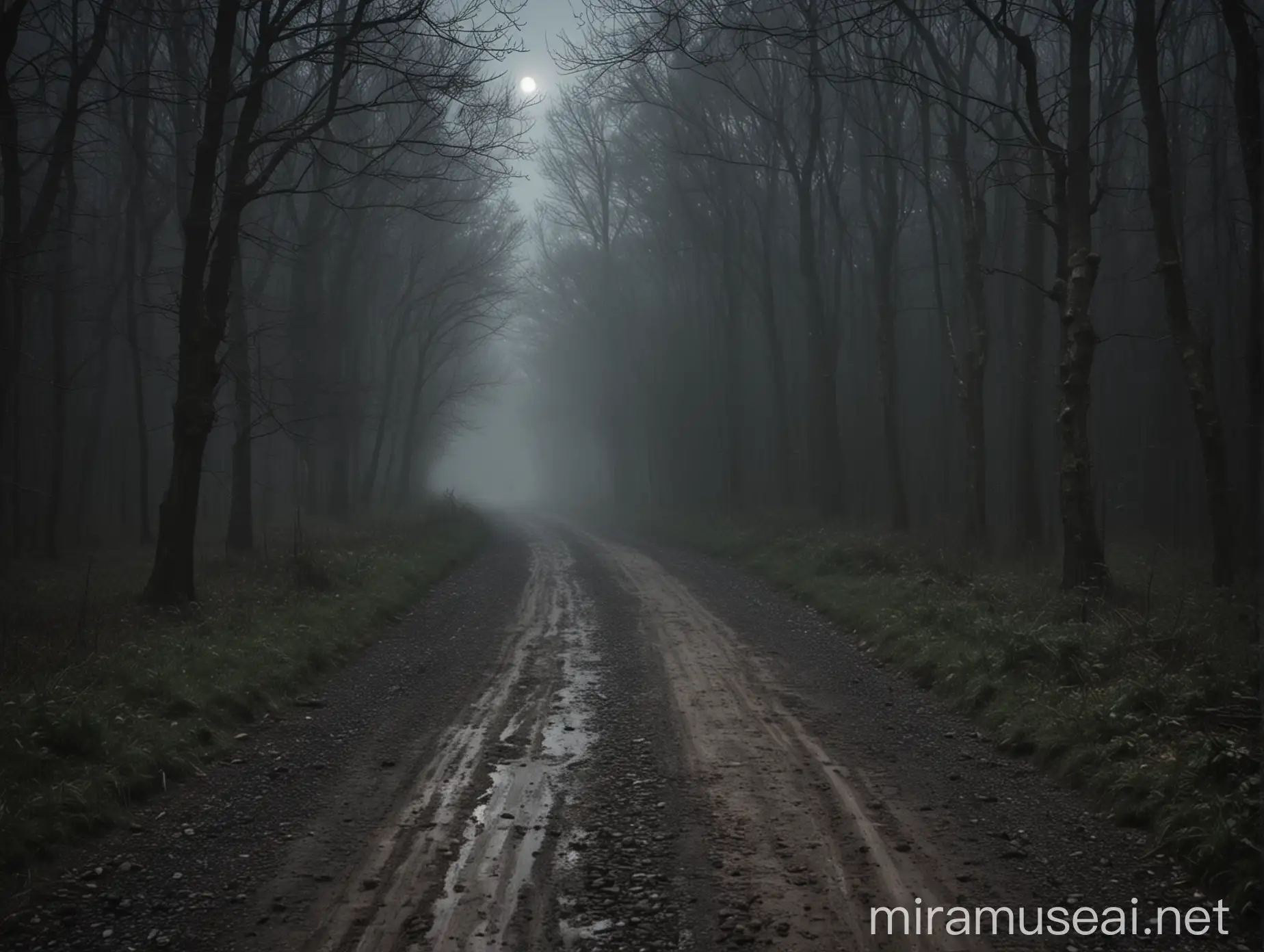 dirt road in the middle of the woods at night in a gloomy, dark and scary atmosphere, without natural light