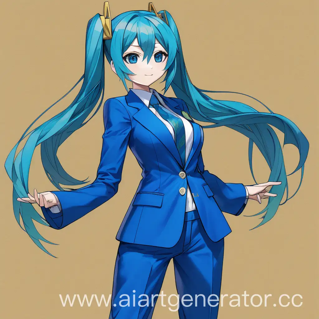Miku, dressed in an all-blue suit. She is wearing a blue Pagoda jacket with pointed shoulders. The pants are also in bright blue. Clothes in the likeness of a Europapa