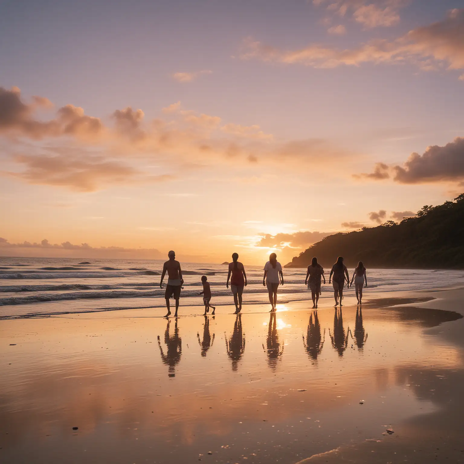 Family Reunion on Costa Rican White Sandy Beach at Sunset