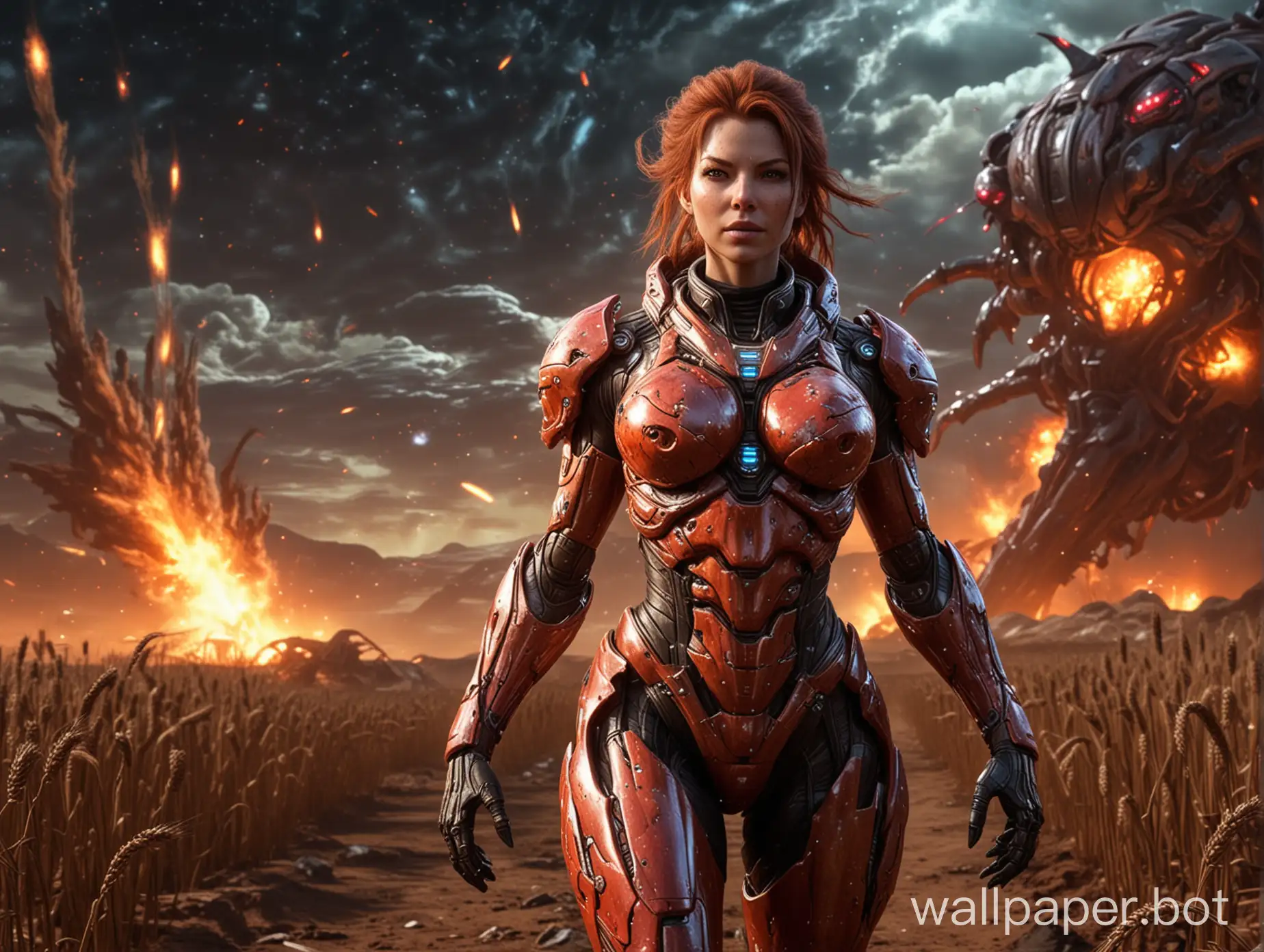 Sarah Kerrigan from Starcraft in futuristic armor walks on an alien planet. Eyes glow bright red. Full height. Stars shine brightly in the sky. Fire and explosions in the background. Wheat running in the backdrop. Spaceships in the sky