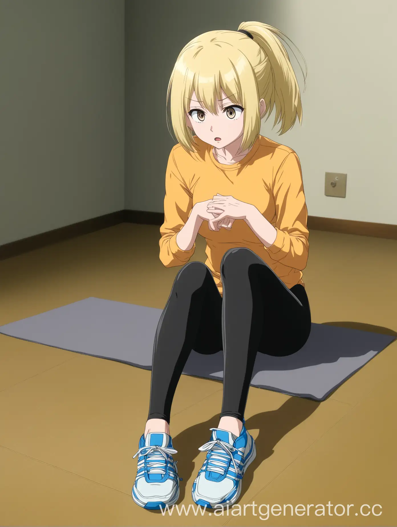 Anime blonde in short bob and ponytail with leggings and sneakers under hypnosis