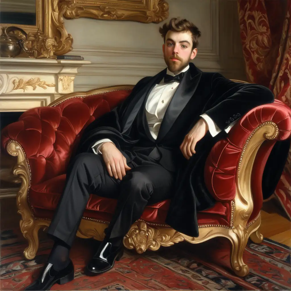 portrait d'un jeune homme, dans le style de john singer sargent, 33 ans, cheveux bruns courts reflets blonds, barbe courte, regard mélancolique, vêtu d'un smoking et d'une grande cape en satin rouge, allongé dans un luxueux fauteuil en velours, intérieur bourgeois dans des tons blanc et or, parquet, tapis persan, miroir