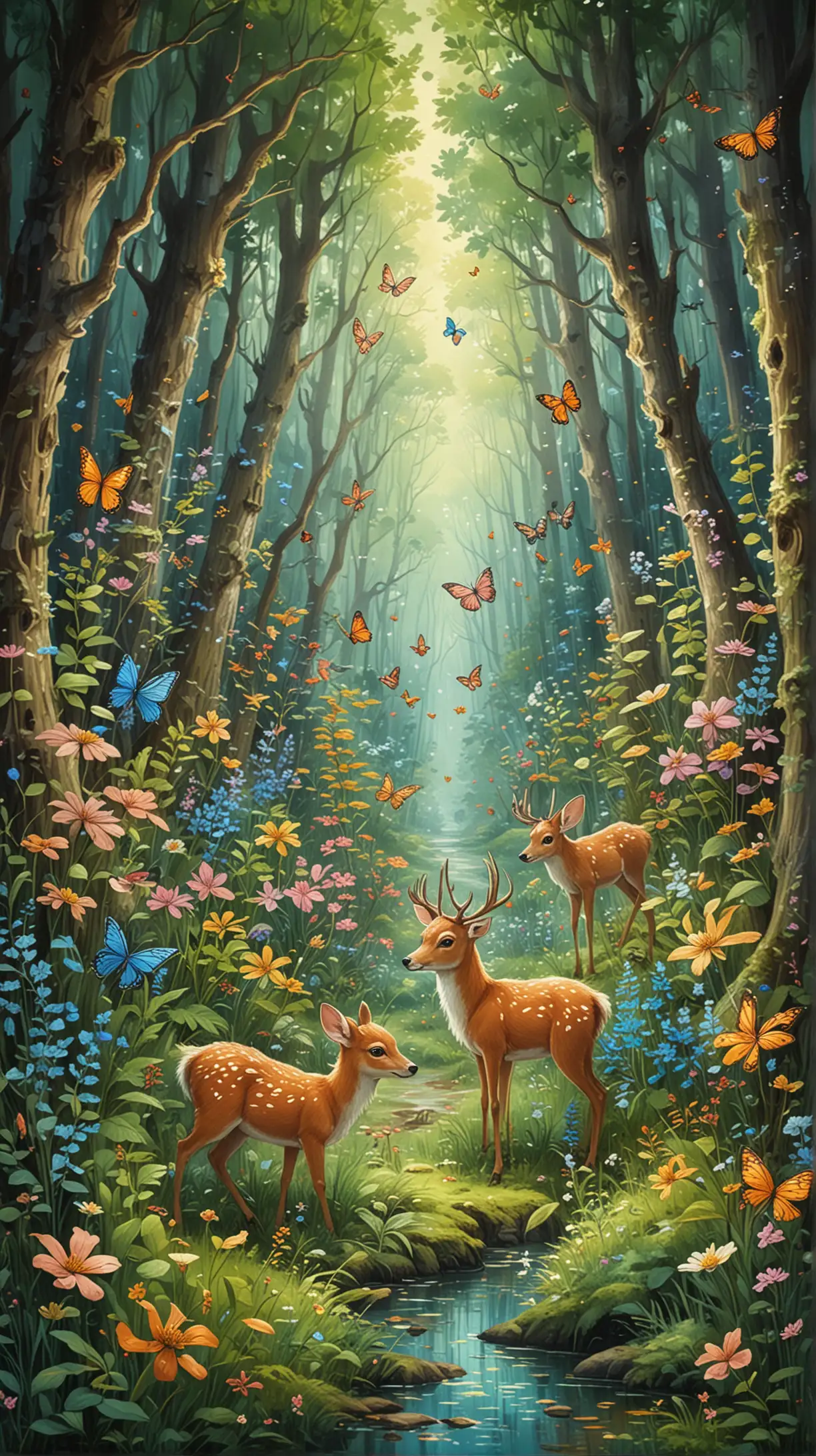 paint a whimsical nature of fairy forest with flowers, butterflies, fireflies, deers, in gouache colors and oil crayon with style of ghibli studio illustration, ultra detailed, sharps lines, codex_401 style