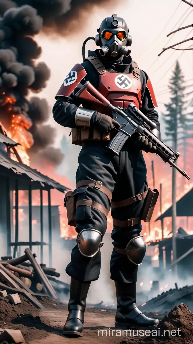 Elite Nazi police guard,with black red power armor outfit,with respirator mask,riflegun in hand,landscape in burning village,science fiction,realism style