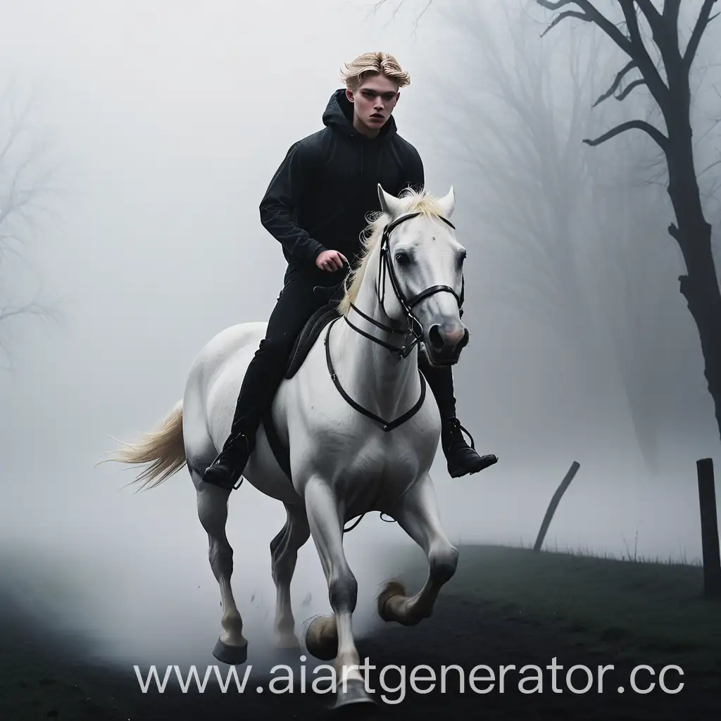 На белом коне сквозь чёрный туман бежит молодой мужчина со светлыми волосами в темной одежде. Изображение дальним планом в полный рост