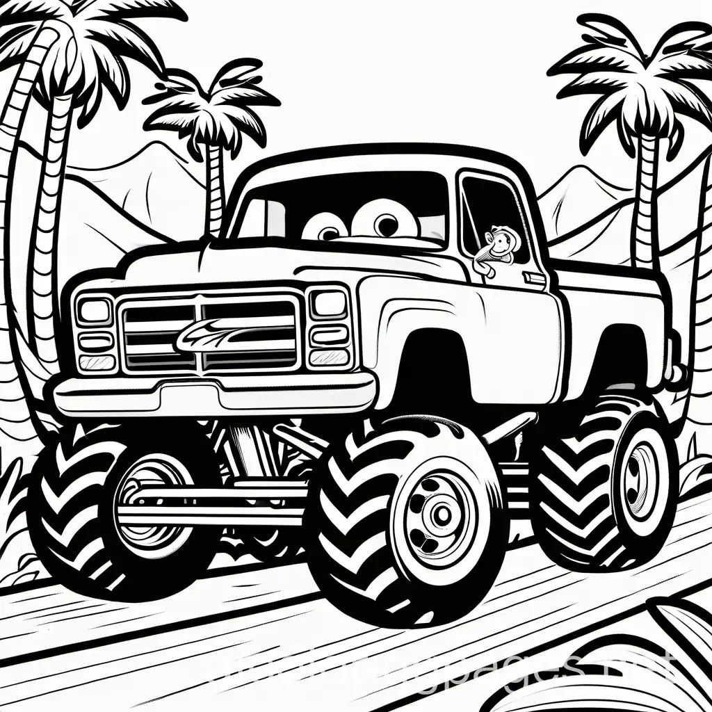 curious george driving a monster truck, Coloring Page, black and white, line art, white background, Simplicity, Ample White Space. The background of the coloring page is plain white to make it easy for young children to color within the lines. The outlines of all the subjects are easy to distinguish, making it simple for kids to color without too much difficulty