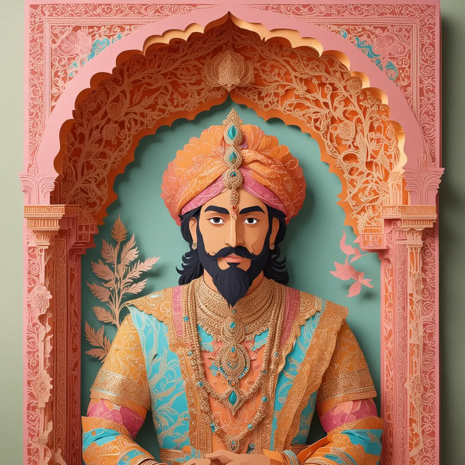 Colorful Paper Portrait of a Maharaja Warrior in Indian Castle Interior