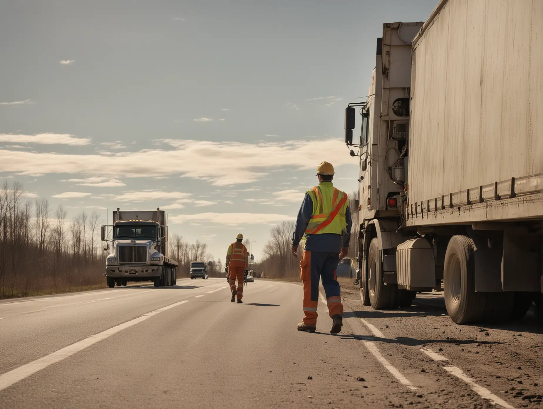 Highway Worker Walking Towards Truck at Dusk in Quebec