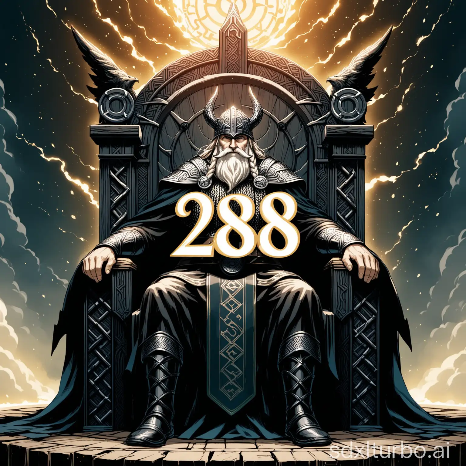 Odin, the Norse god, sitting in his divine throne with a number embossed right below it that reads '288'
