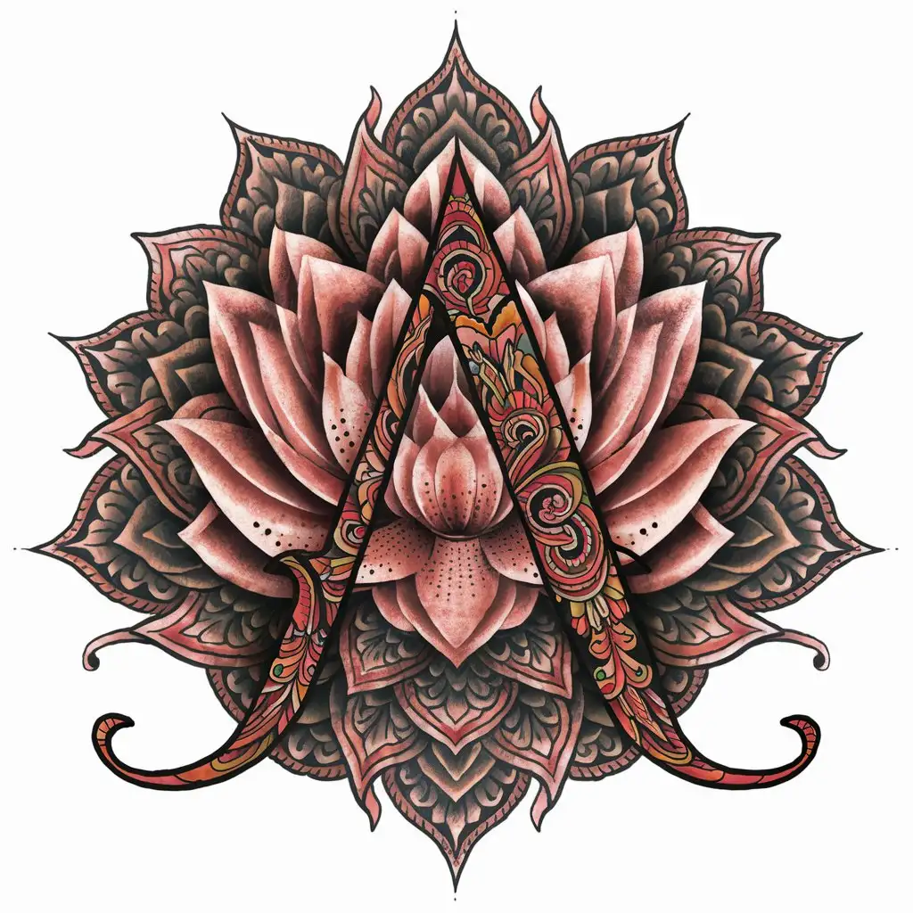 A detailed male tattoo design featuring a lotus flower elegantly intertwined with the letter A in a intricate mandala style, rich colors, high detail, ornate patterns, symmetric composition, flat tattoo style