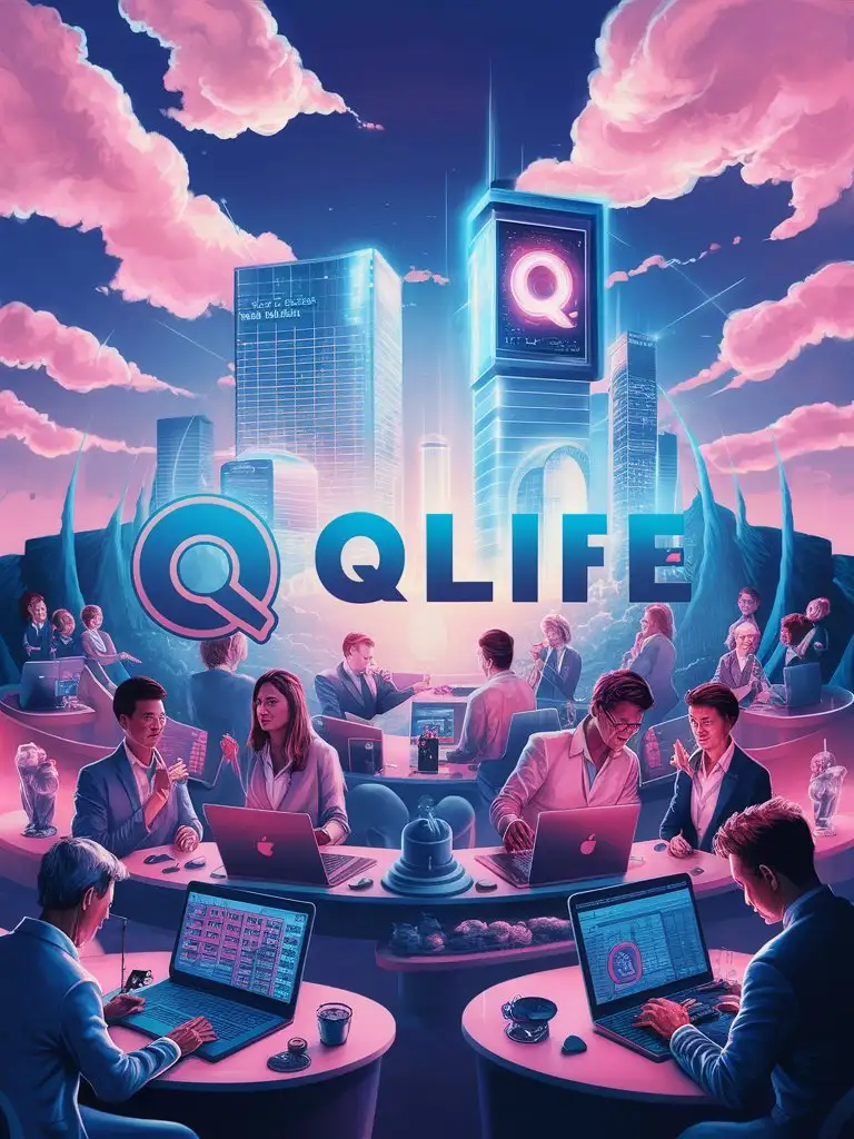 Investors-Buying-QLIFE-Tokens-Presale-Stage-with-Blue-and-Pink-Colors