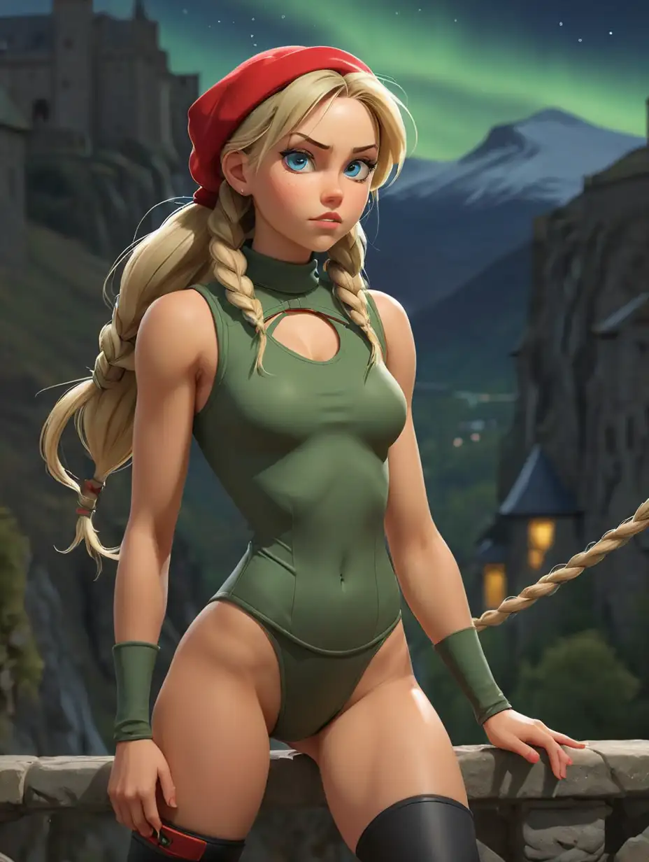 Cammy White, young woman, blonde hair, (long braid:1.2), blue eyes, fit, athletic, (toned:1.2), sexy, fierce, small perky natural breasts, thick juicy legs, (highleg:1.3) (sleeveless:1.3) skintight turtleneck green spandex leotard, red beret, small harness, red gauntlets, thigh holster, short black combat boots, covered nipples, bare shoulders, bare hips, bare legs, fighting stance, on English castle bridge, mountains, valley, midnight, aurora borealis,

wide shot, highly detailed, random details, imperfection, detailed face, detailed body, detailed skin textures, skin pores, detailed background, detailed colours hues tones,