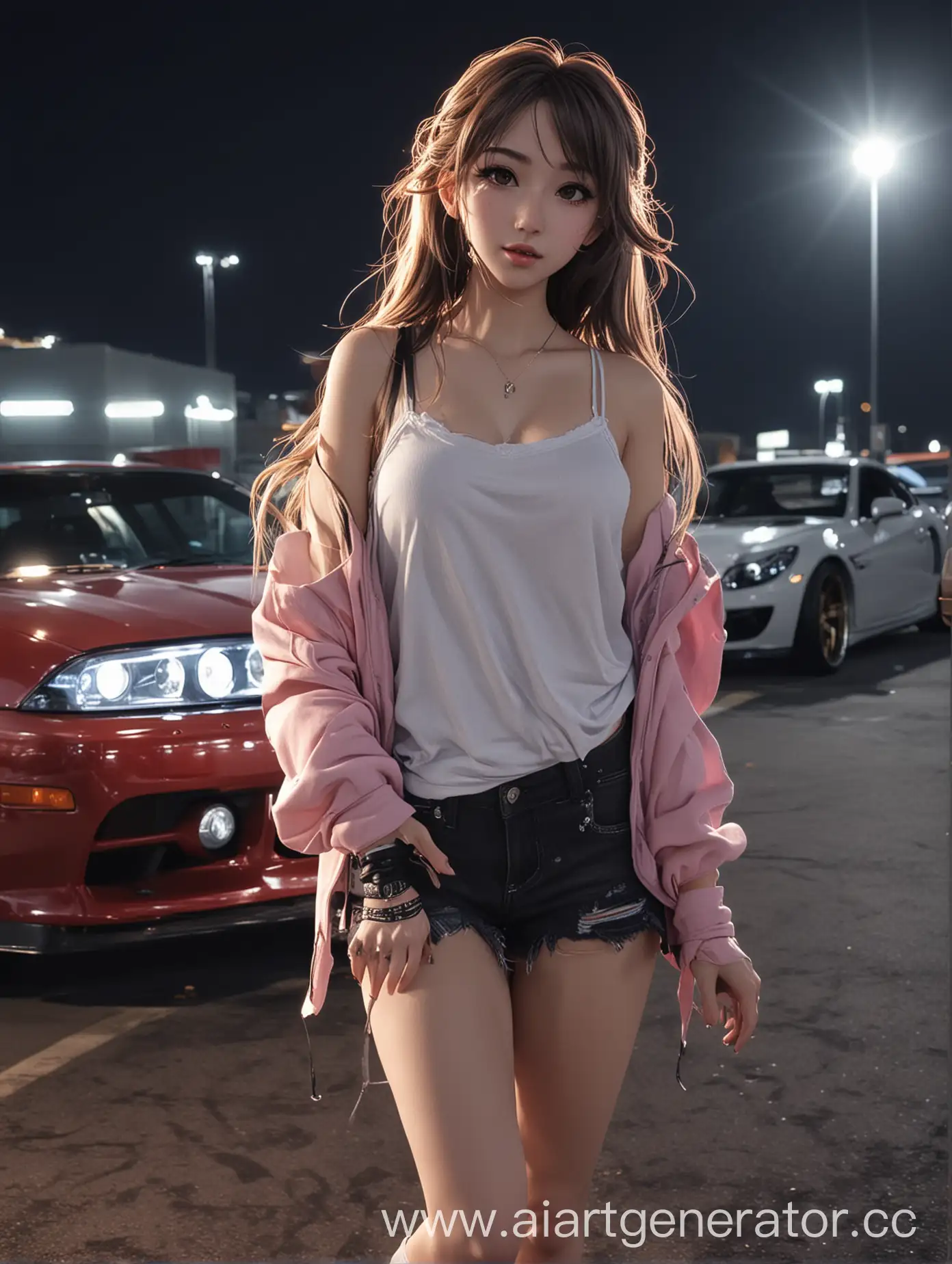 Аниме девушка, круто одета, с красивой внешностью, танцует на парковке ночью, а сзади неё красивые тачки для дрифта с крутым тюнингом.