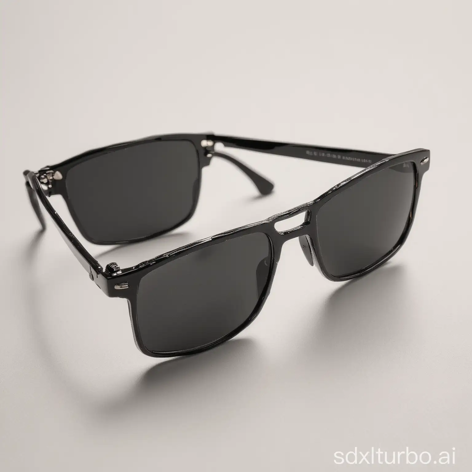 A close-up of a pair of sunglasses resting on a white surface. The sunglasses are made of a shiny, black metal and have a sleek, rectangular shape. The lenses are a dark, neutral color.