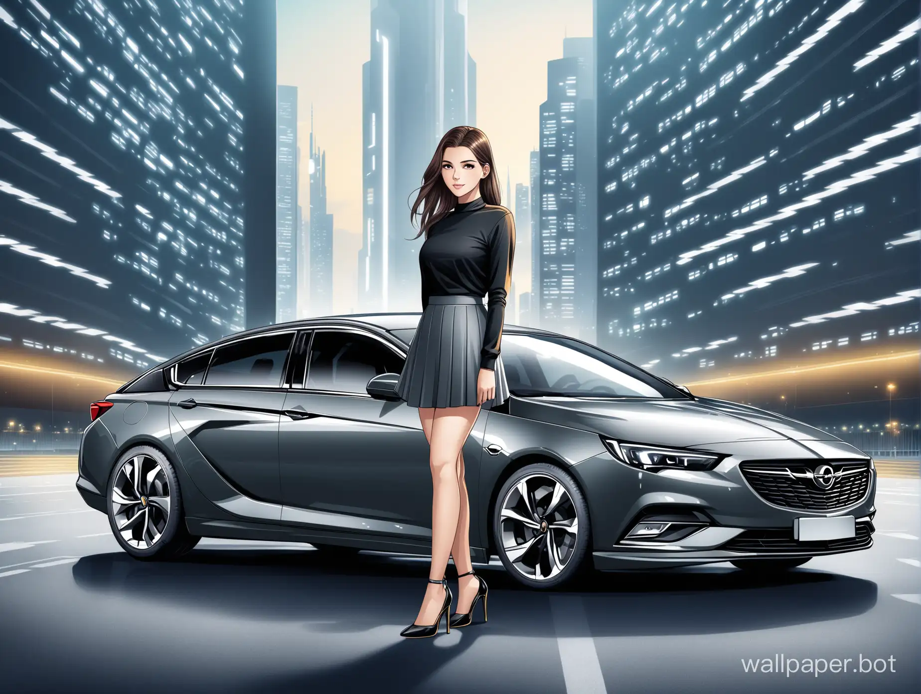 Opel insignia grand sport car in dark grey color with a brunette girl in skirt, high heels standing next to it, with futuristic city backgroun