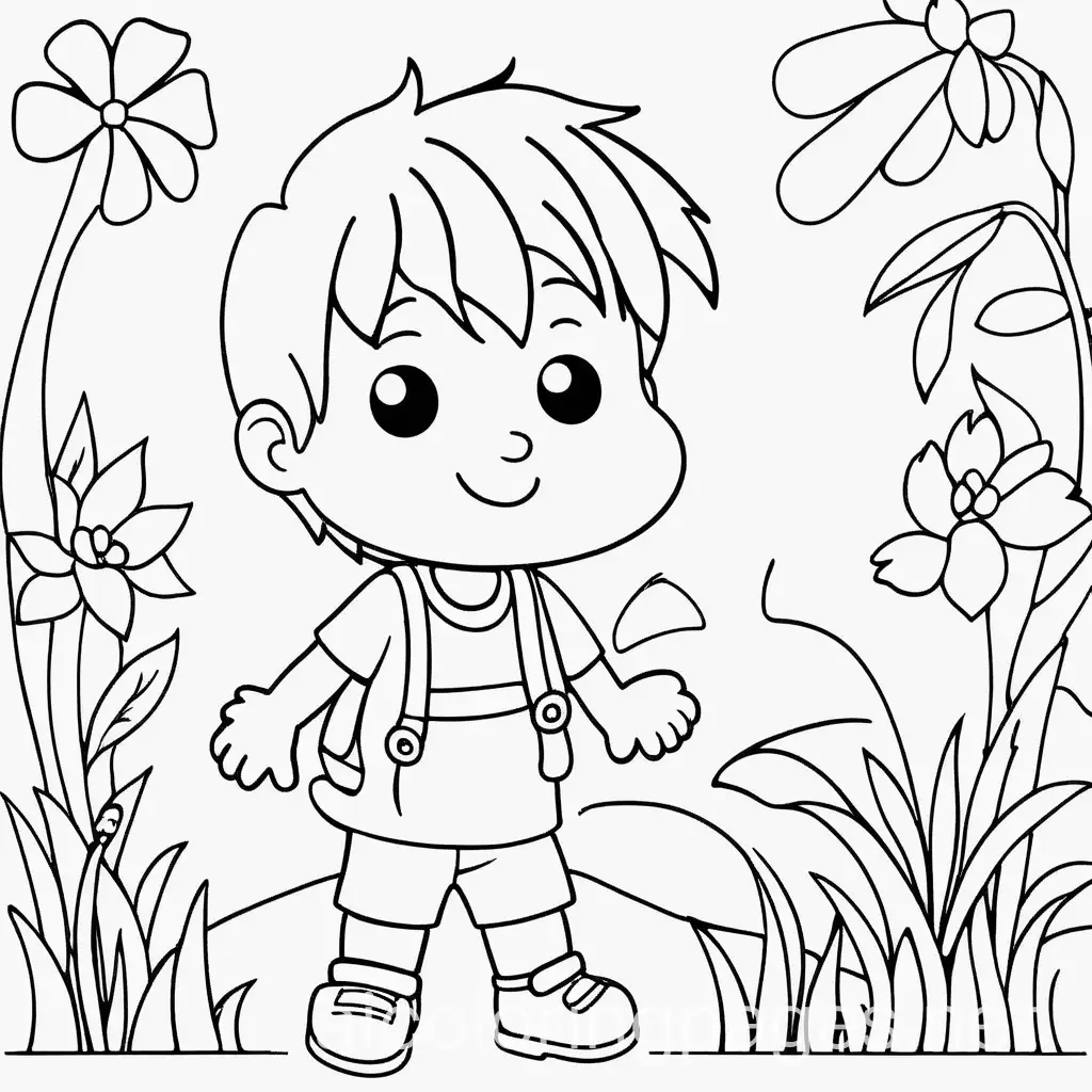 kid being gentle: coloring page, Coloring Page, black and white, line art, white background, Simplicity, Ample White Space. The background of the coloring page is plain white to make it easy for young children to color within the lines. The outlines of all the subjects are easy to distinguish, making it simple for kids to color without too much difficulty