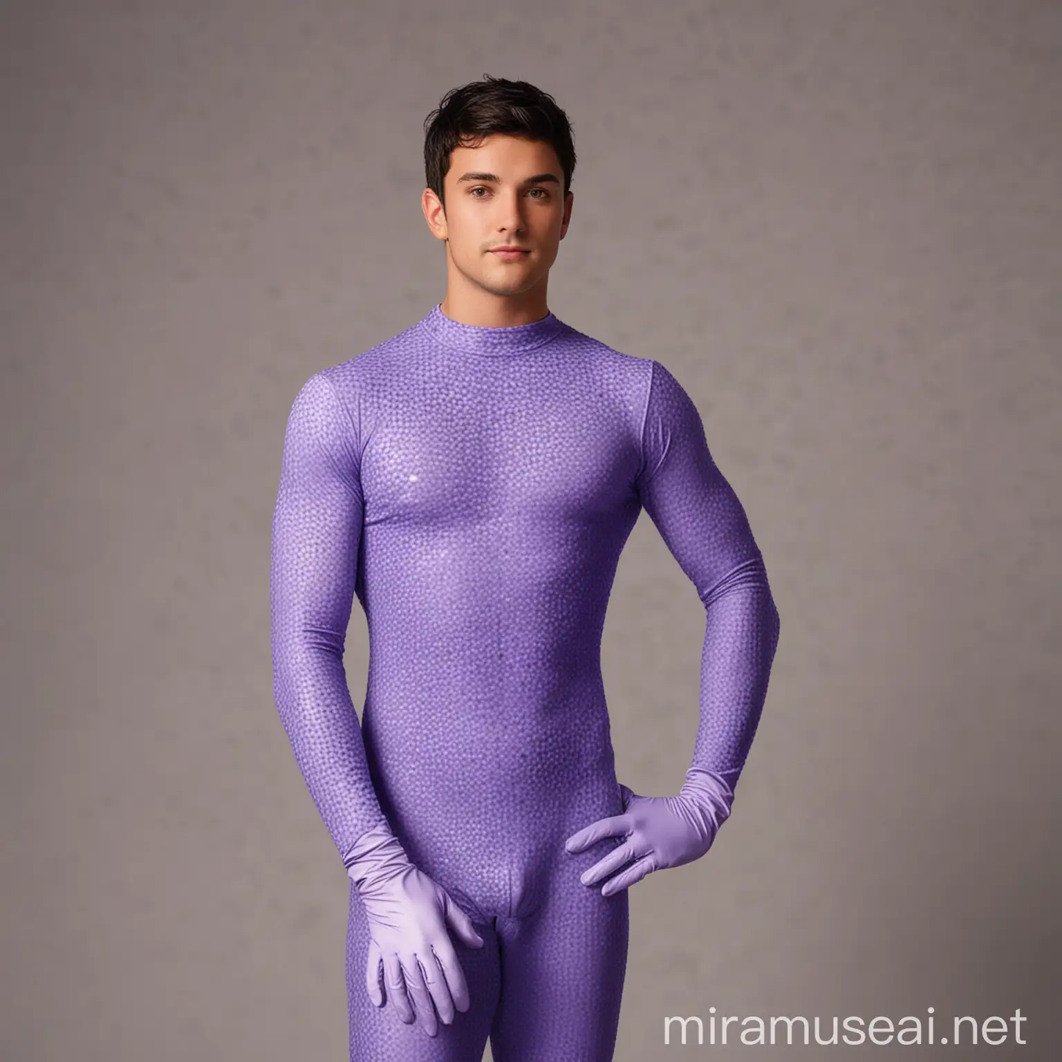 Handsome 27 year old American man, with short black hair; hazel eyes, pointed nose; wearing bright periwinkle hero spandex bodysuit and gloves with little honeycomb pattern; rear view.