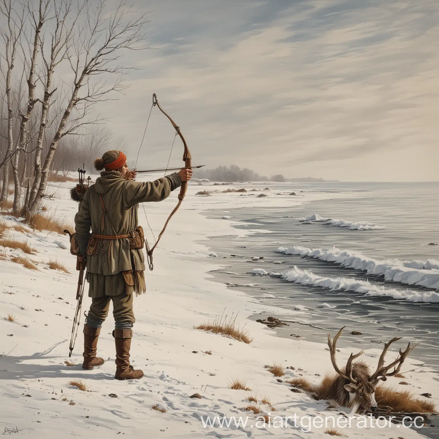 Winter-Shore-Bow-Hunting-Lone-Hunter-Amidst-Snowy-Landscape