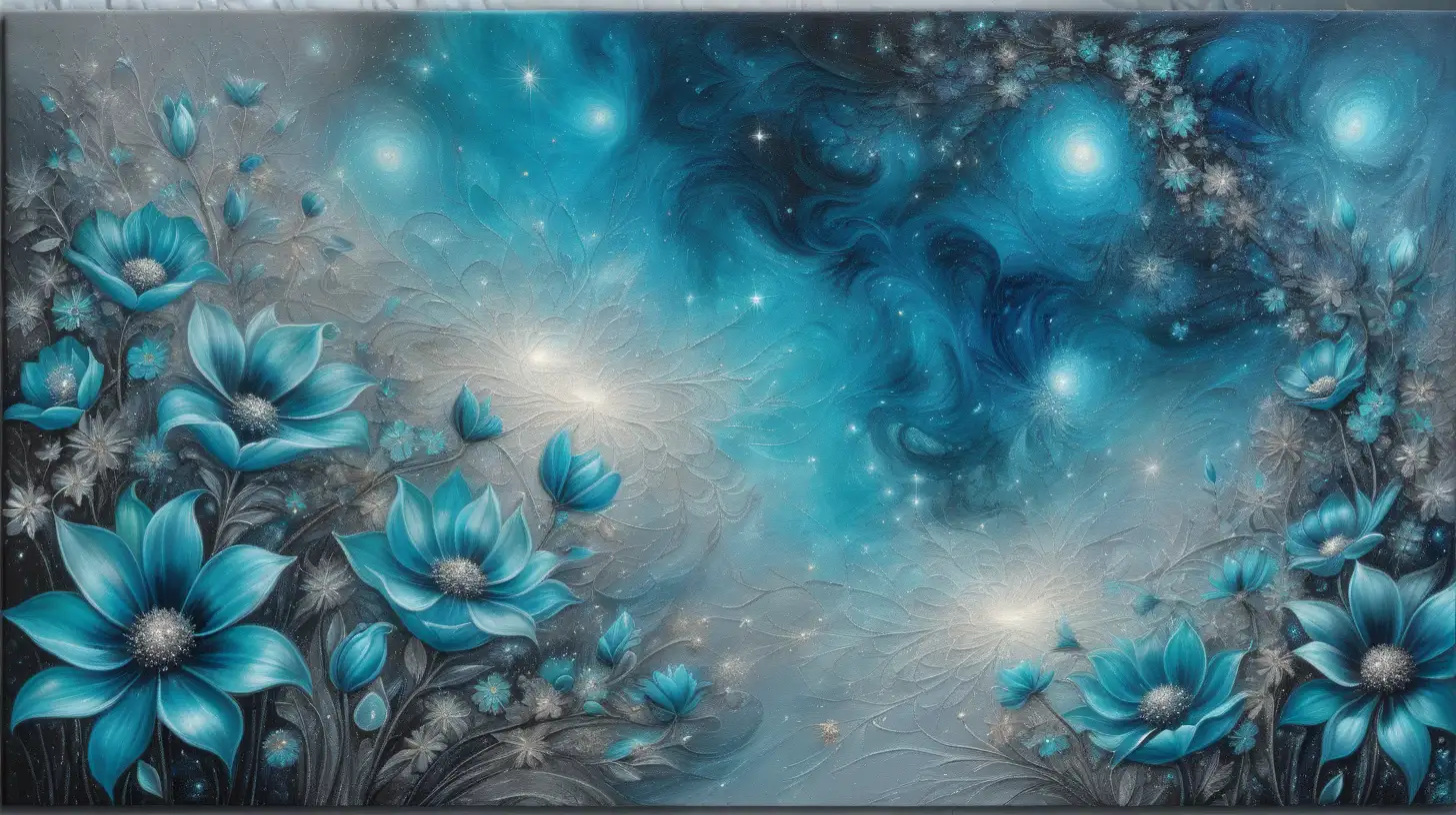 textured oil painting of abstract art of florescent colors Turquoise and dark blue in silver dust and a magical turquoise glow with luminescent  grey flowers among galaxies.