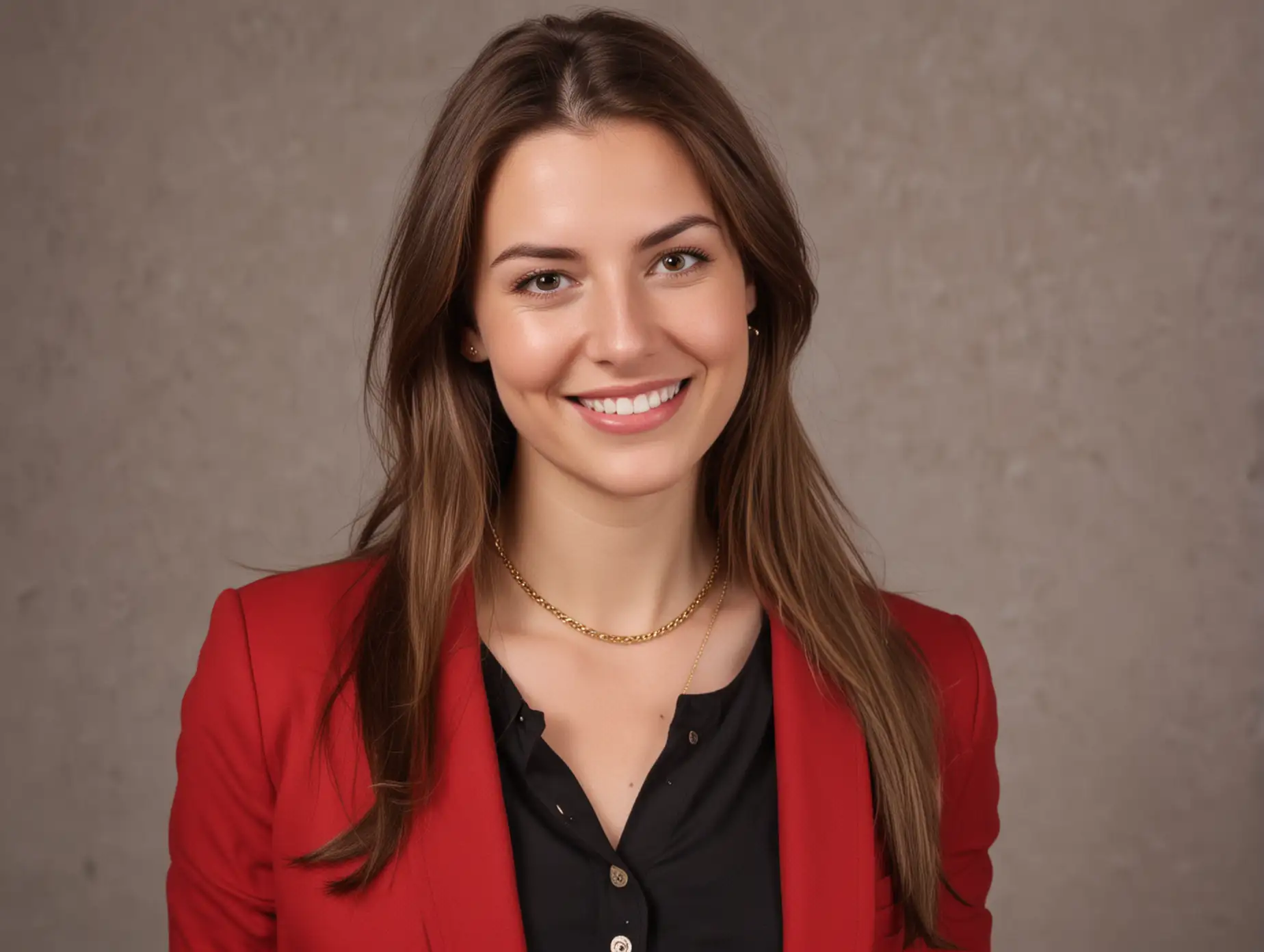 Confident Young Woman in Stylish Red Blazer Smiling at Camera