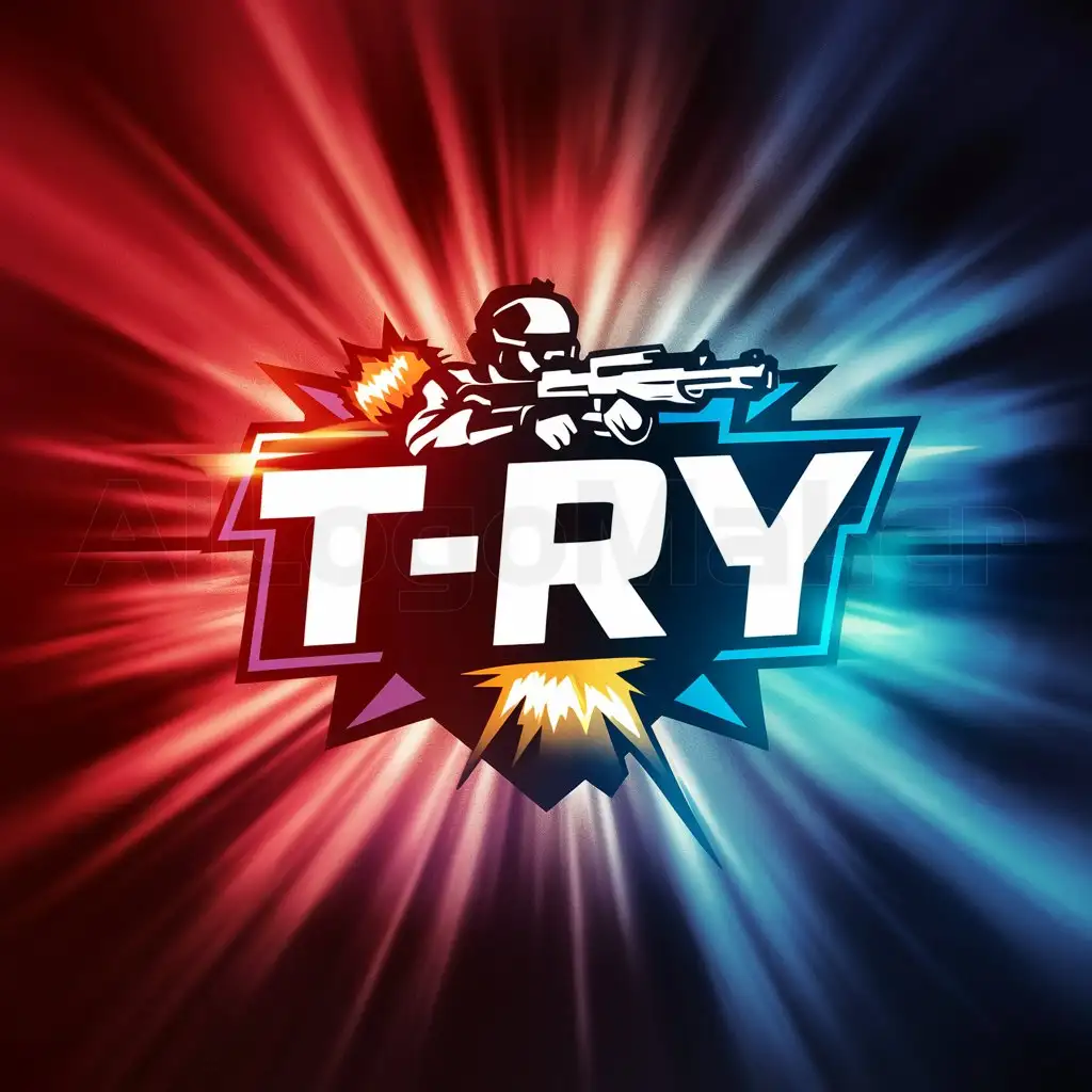 a logo design,with the text "T  R  Y", main symbol:logo for a game similar to counter strike 2, should be drawn: player, weapon, explosion, all on a gradient red-blue background,Moderate,be used in Entertainment industry,clear background